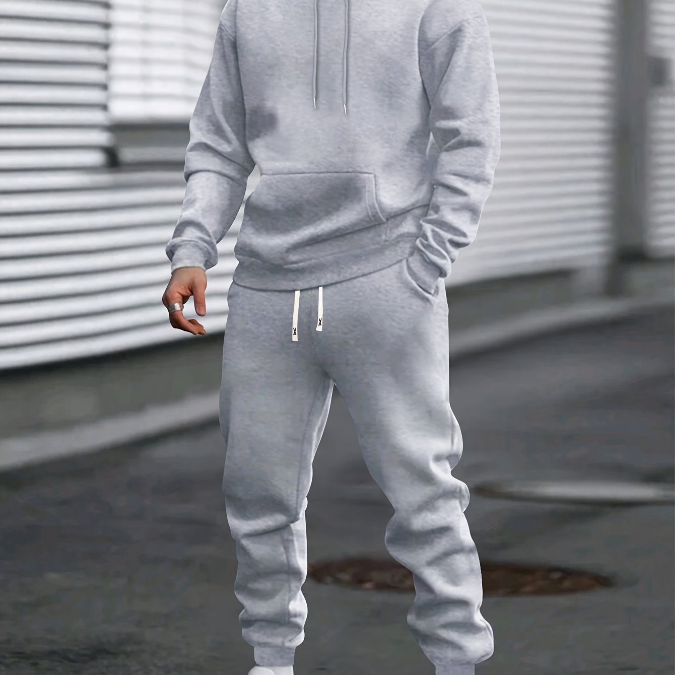 1set Men'S Casual Sports Suit, Polyester Hooded Sweatshirt and Jogger Pants Set, Solid Color, Elastic Waist, Cuffed Ankles, Knit Pullover with Pockets, Regular Fit for Outdoor Running and Jogging - Spring/Autumn Collection