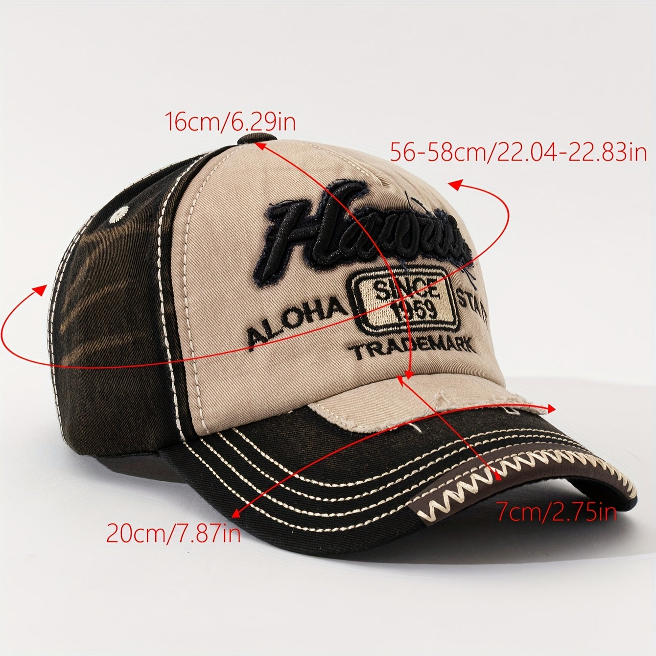 HAWAII Vintage Distressed Baseball Cap - Adjustable Lightweight Unisex Hat with 3D Embroidered Aloha Text, Dual-Tone Beige & Brown, Breathable Design for Men & Women, Daily Use & Vacation, Hawaiian Accessories, Casual Headwea