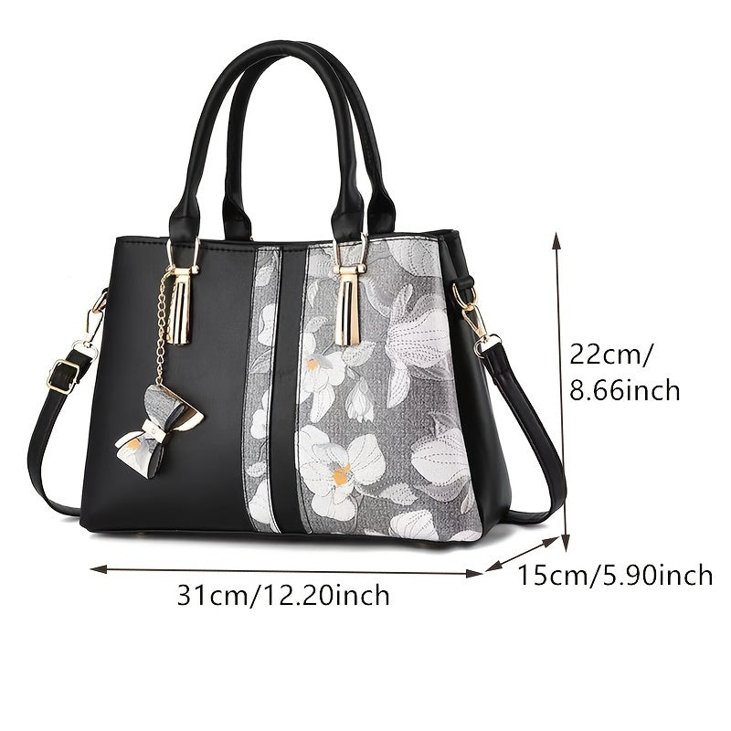Elegant Floral Print Women's Handbag - Chic Colorblock Handbag with Zip Closure, Durable PU Material