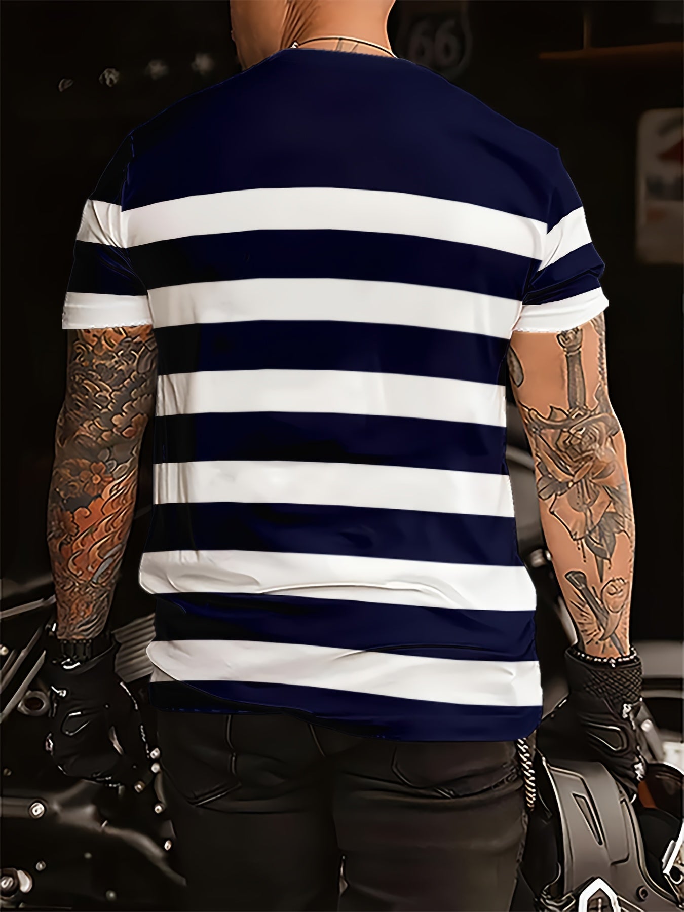Men'S Casual Striped Short Sleeve T-Shirt - Navy Blue & White Vertical Stripes, Crew Neck, Regular Fit, Lightweight Polyester Fabric, Perfect for Casual Attire, Everyday Tshirt | Classic Striped Tee | Lightweight Shirt
