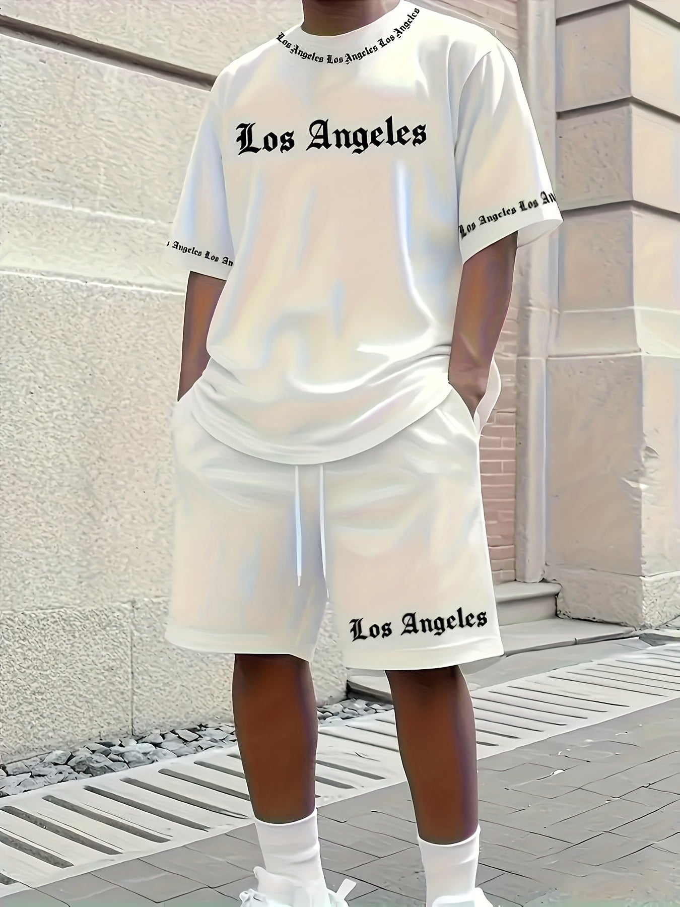 Men'S Los Angeles Graphic Print Casual Sportswear Set - Breathable Summer Short Sleeve T-Shirt & Drawstring Shorts with Pockets, Regular Fit, Crew Neck, Comfortable & Stylish for Casual Attire, Leisure Clothing | Trendy Sport