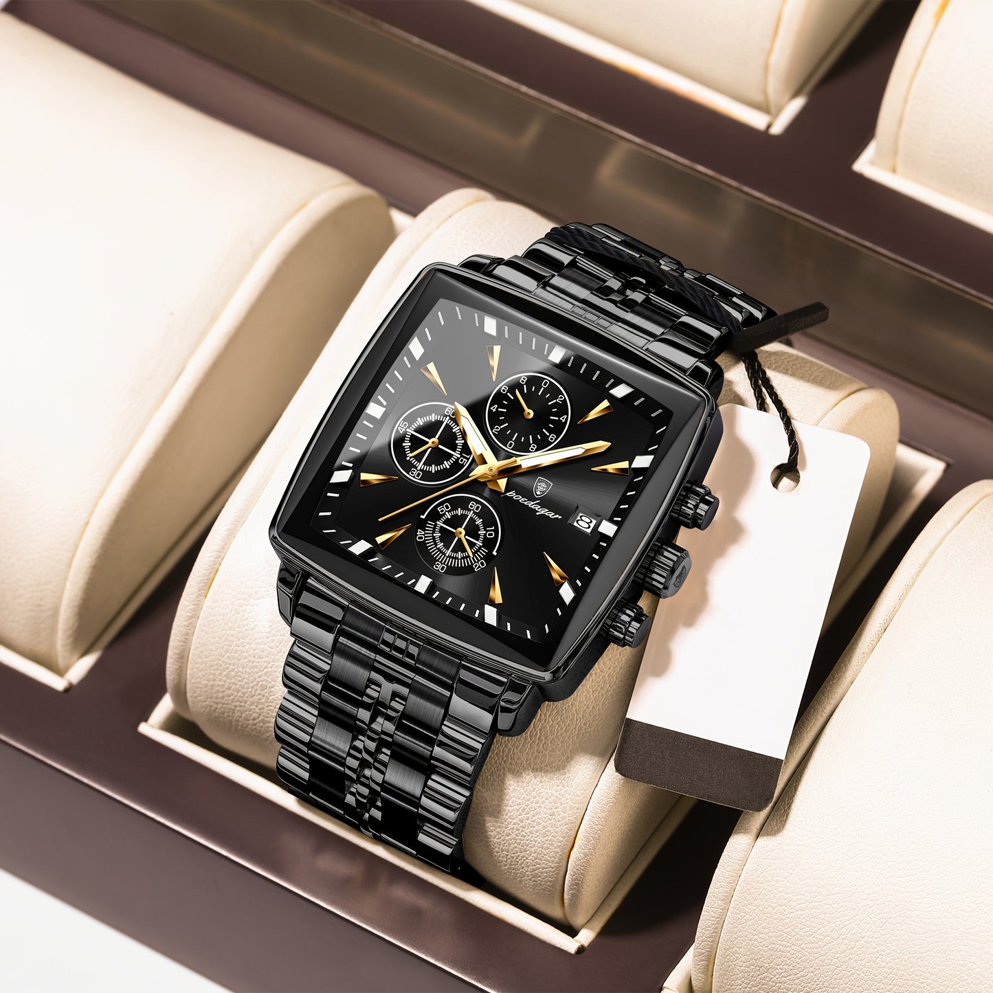 POEDAGAR Men's Stainless Steel Luminous Watch - Blue Dial Chronograph, High Quality Quartz Movement with Date Calendar, Golden-Tone Accents for Business Casual & Casual Attire, Formal Accessory, Stylish Accessory, Refined Cra