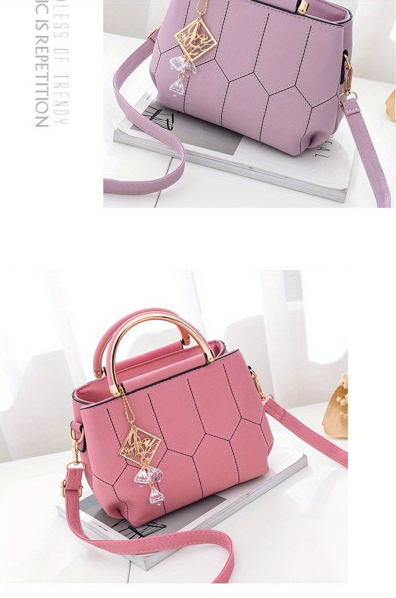 2025 New Women's Geometric Hexagon Pattern Crossbody Bag with Adjustable Strap & Golden-Tone Hardware - Zipper Closure, Polyester Lining, Multiple Colors (Khaki/Dark Gray/White/Pink/Red/Black) - Versatile for Casual & Formal