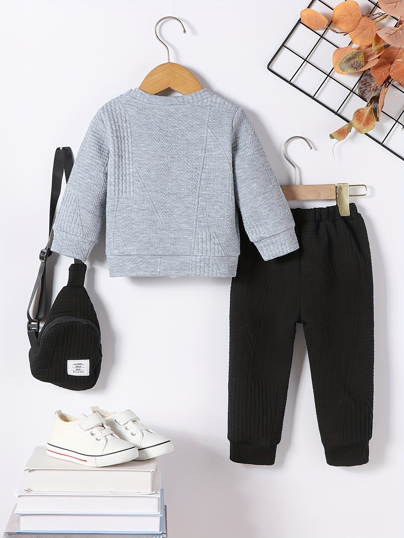 3pcs Set for Boys: New Autumn Shoulder Button Plain Round Neck Sweater, Trousers and Crossbody Bag, Casual and Fashionable Three-piece Set