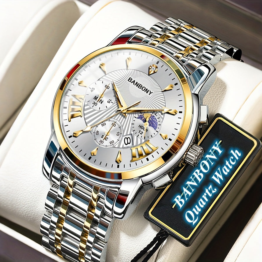BANBONY Automatic Quartz Watch for Men & Women - Stainless Steel Strap, Blue & Golden HD Large Dial, IPX7 Waterproof, Rhinestone Accents, Date Calendar, Luminous Hands - Casual Fashion Unisex Watch for Birthday Holiday Gifts,