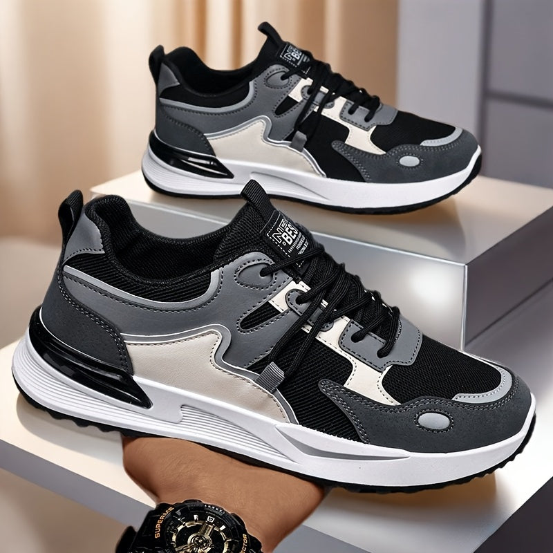 Men's Plus Size Breathable Mesh Casual Sneakers - Low-Top Lace-Up Walking Shoes with Cushioned PVC Sole, All-Season Outdoor & Daily Wear in White/Navy/Red Accents, Outdoor Footwear | Modern Sneakers | Durable Fabric Shoes