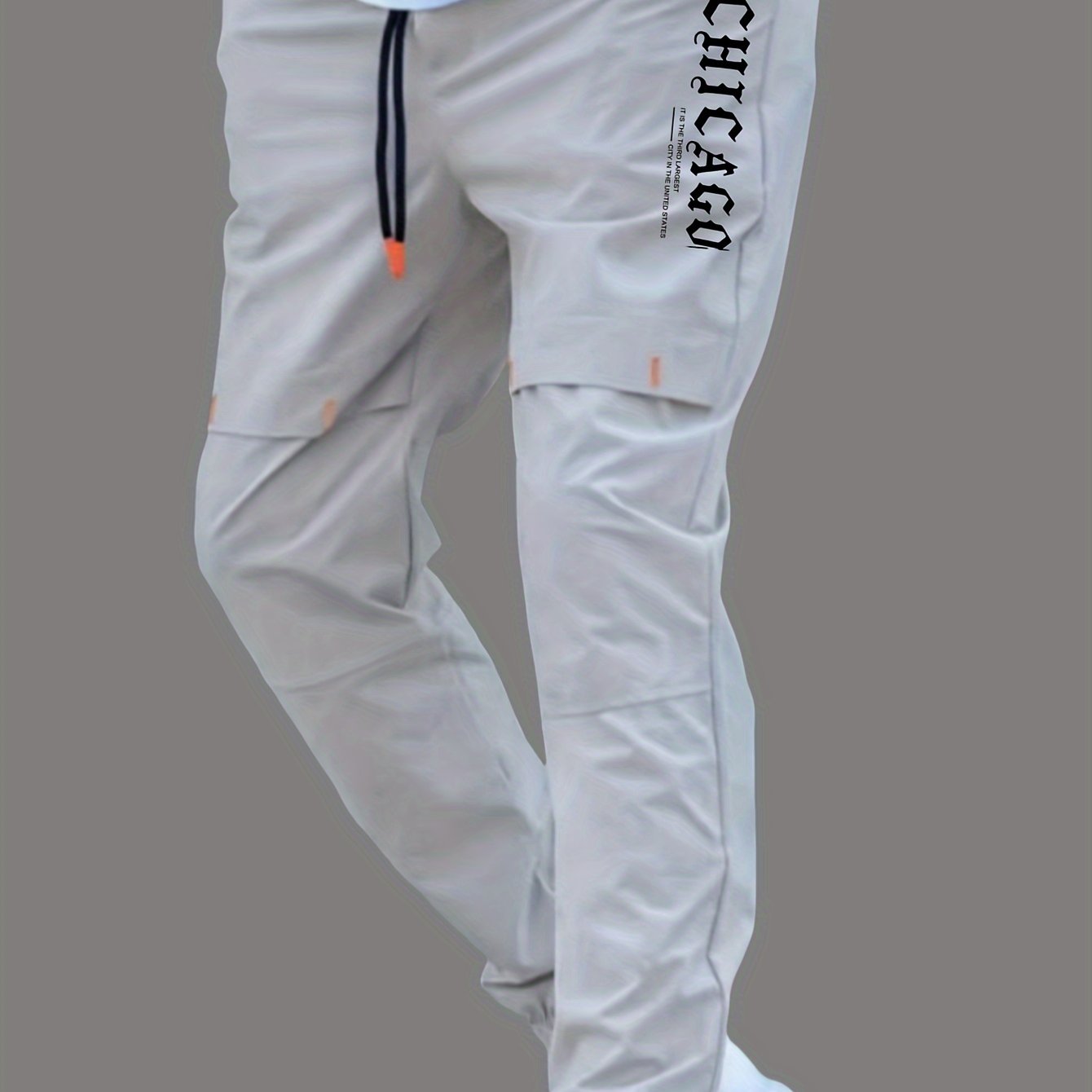 Men'S Casual Drawstring Joggers, 100% Polyester Non-Stretch Woven Fabric, All-Season Regular Fit Trousers with Alphabet Print Detail, Fashionable Workwear Style