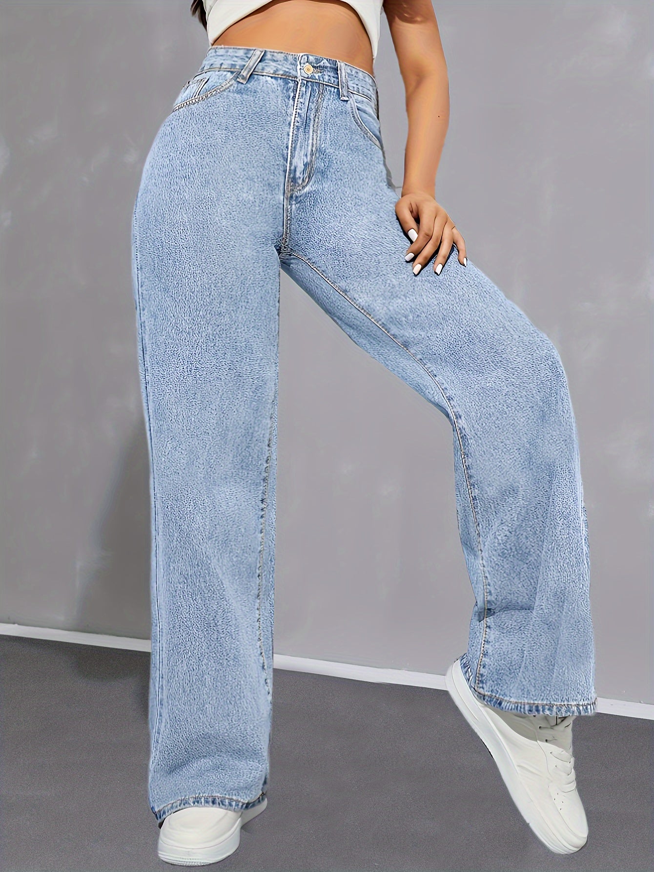 Women's High-Waist Light Blue Denim Wide-Leg Jeans with Elastic Waistband - Casual, Non-Stretch, Button Closure, Perfect for All Seasons