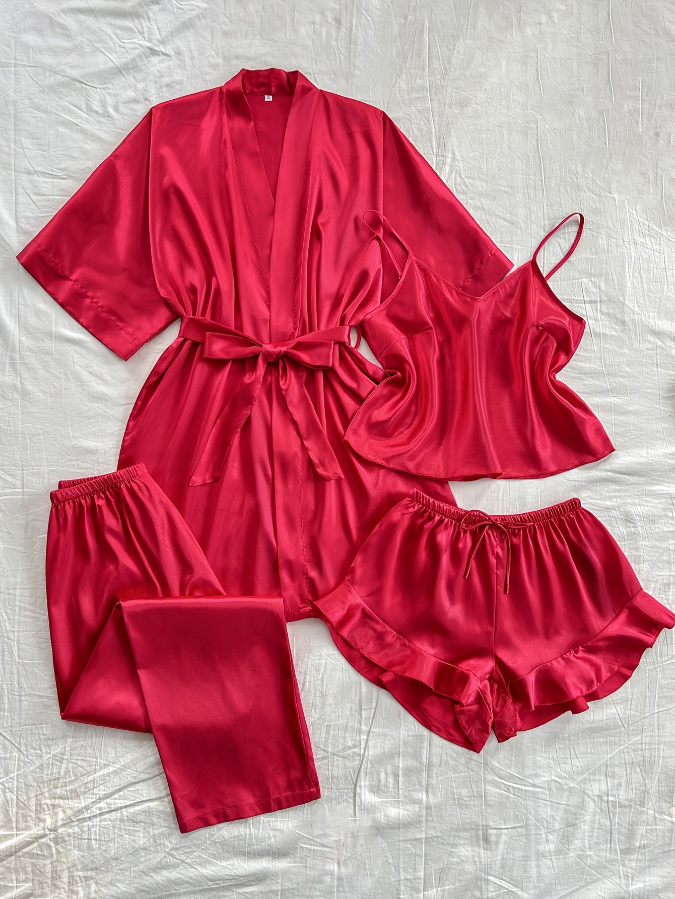 Women'S All-Season V-Neck Pajama Set - Comfortable, Sexy, Polyester 4pcs Sleepwear with Tie Waist And Drawstring Shorts, Perfect for Autumn And Winter, Autumn Winter Sleepwear | Stylish Sleepwear | Polyester Fabric