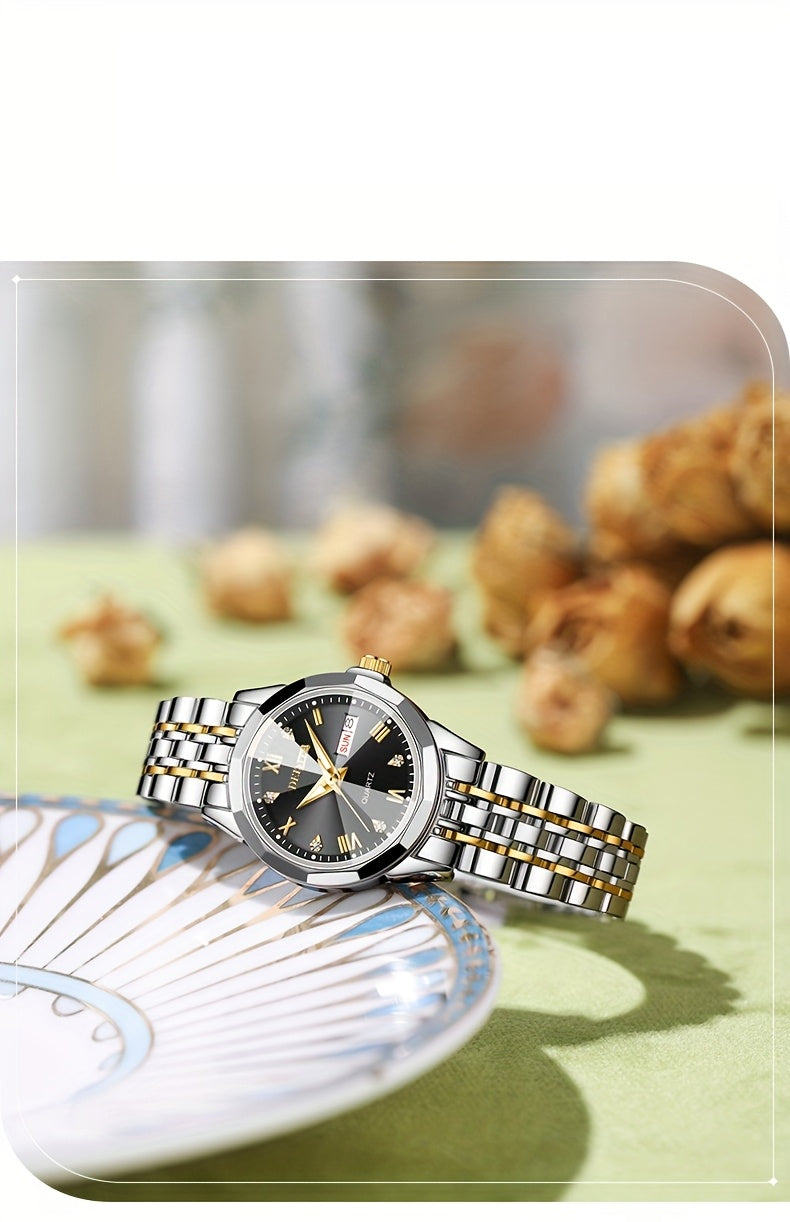 DEDIMA Women'S Luxury Stainless Steel Watch - Elegant Rhombus Design with Roman Numerals, Double Calendar, and Multifunctional Steel Strap