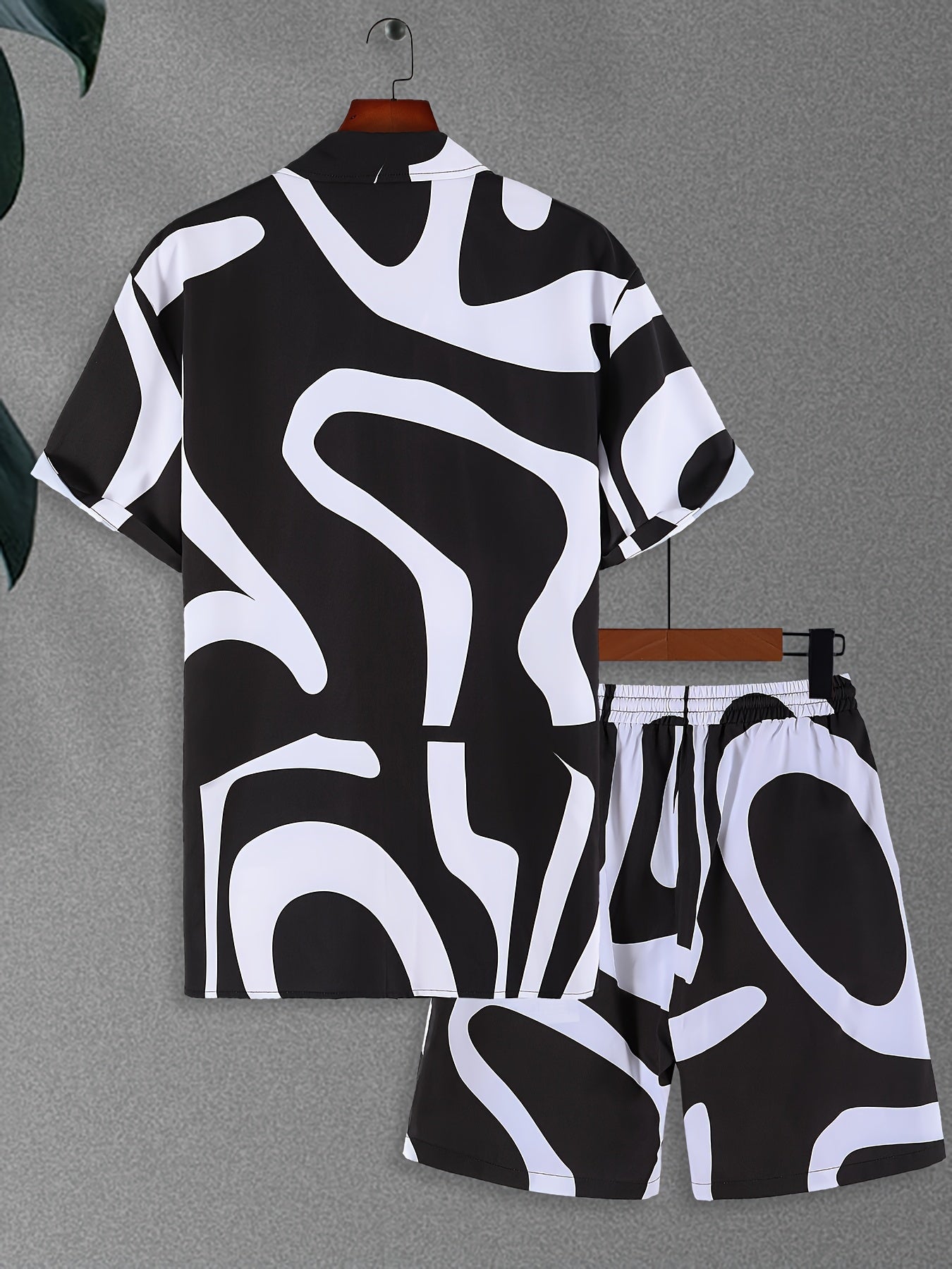 CONJUESS Men'S Summer Casual Short Sleeve Shirt and Shorts Set, Polyester 100%, Lapel Collar, Non-Stretch Woven Fabric, Irregular Striped Print, Regular Fit, 120g/m² - Green and White