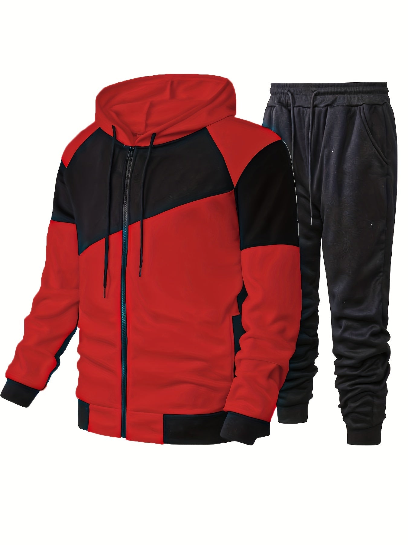 Elson OBM Men's Autumn and Winter Sportswear Set, Men's Color Block Long Sleeve Hooded Zip-Up Jacket with Solid Drawstring Joggers Outdoor and Sports Outfit... Top Bottoms Set