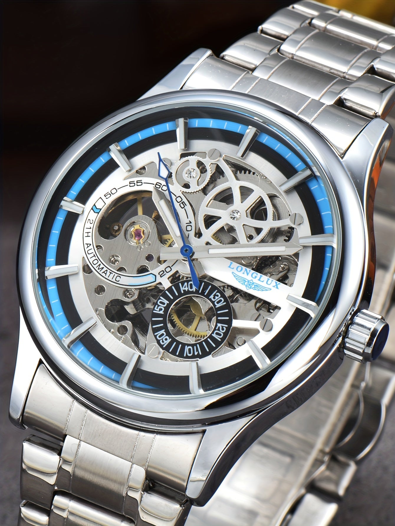 Men's Business Leisure Automatic Mechanical Watch, Stainless Steel with Blue Accents, Transparent Back, Date Display, Water-Resistant up to 10m, Ideal Gift, Business Watch | Mechanical Aesthetic | Stainless Steel Band