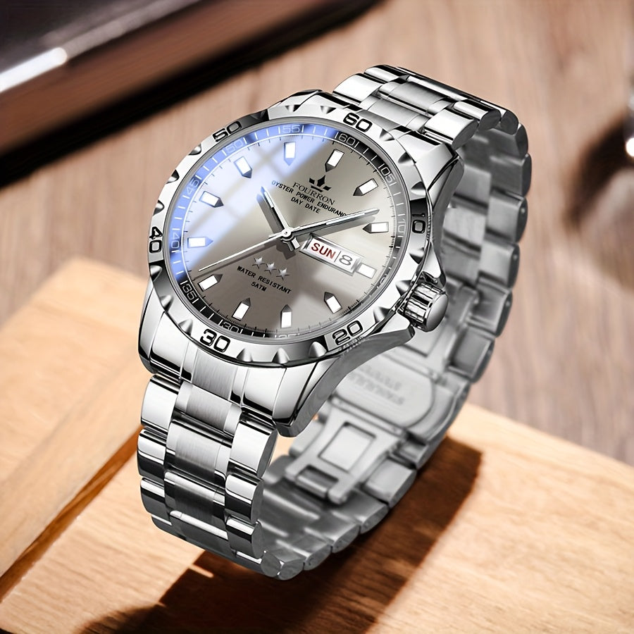 FOURRON Stainless Steel Quartz Watch with Black Dial, Date Display, Waterproof, Lightweight, Casual Style, Everyday Watch | Minimalist Watch | Stainless Steel Band