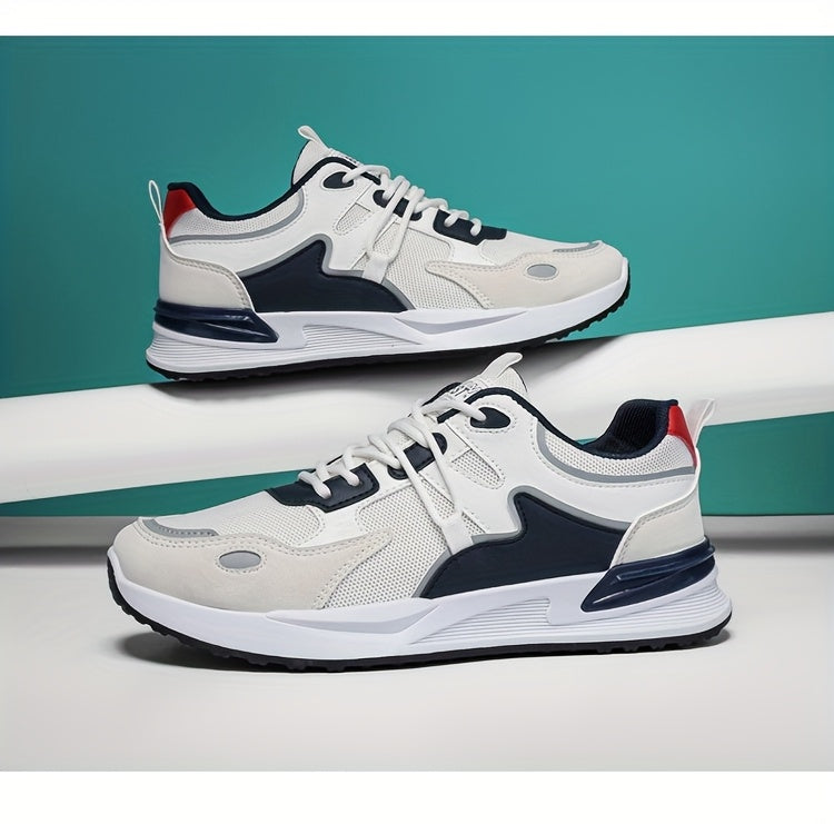 Men's Plus Size Breathable Mesh Casual Sneakers - Low-Top Lace-Up Walking Shoes with Cushioned PVC Sole, All-Season Outdoor & Daily Wear in White/Navy/Red Accents, Outdoor Footwear | Modern Sneakers | Durable Fabric Shoes