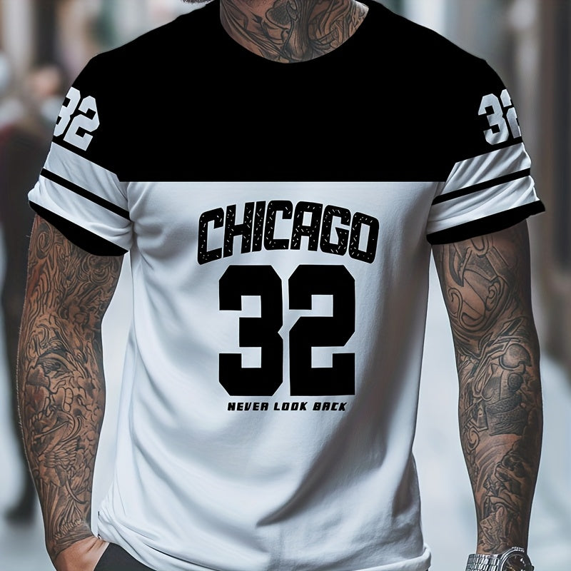 OBM Men's Chicago 32 Graphic Print T-Shirt - 100% Polyester Casual Short Sleeve Tee with Bold Numerals, Machine Washable Summer Streetwear Top, Chicago T Shirt, Urban Style, Sporty Look, Durable Material, Urban Lifestyle
