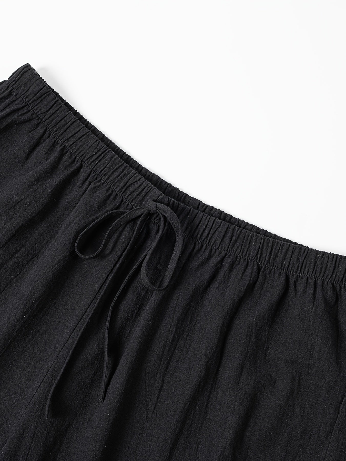 Women'S Casual Solid Color Shorts, 100% Polyester Woven Fabric, All-Season Beach Pants with Fake Drawstring, 126g/m² Weight - Black