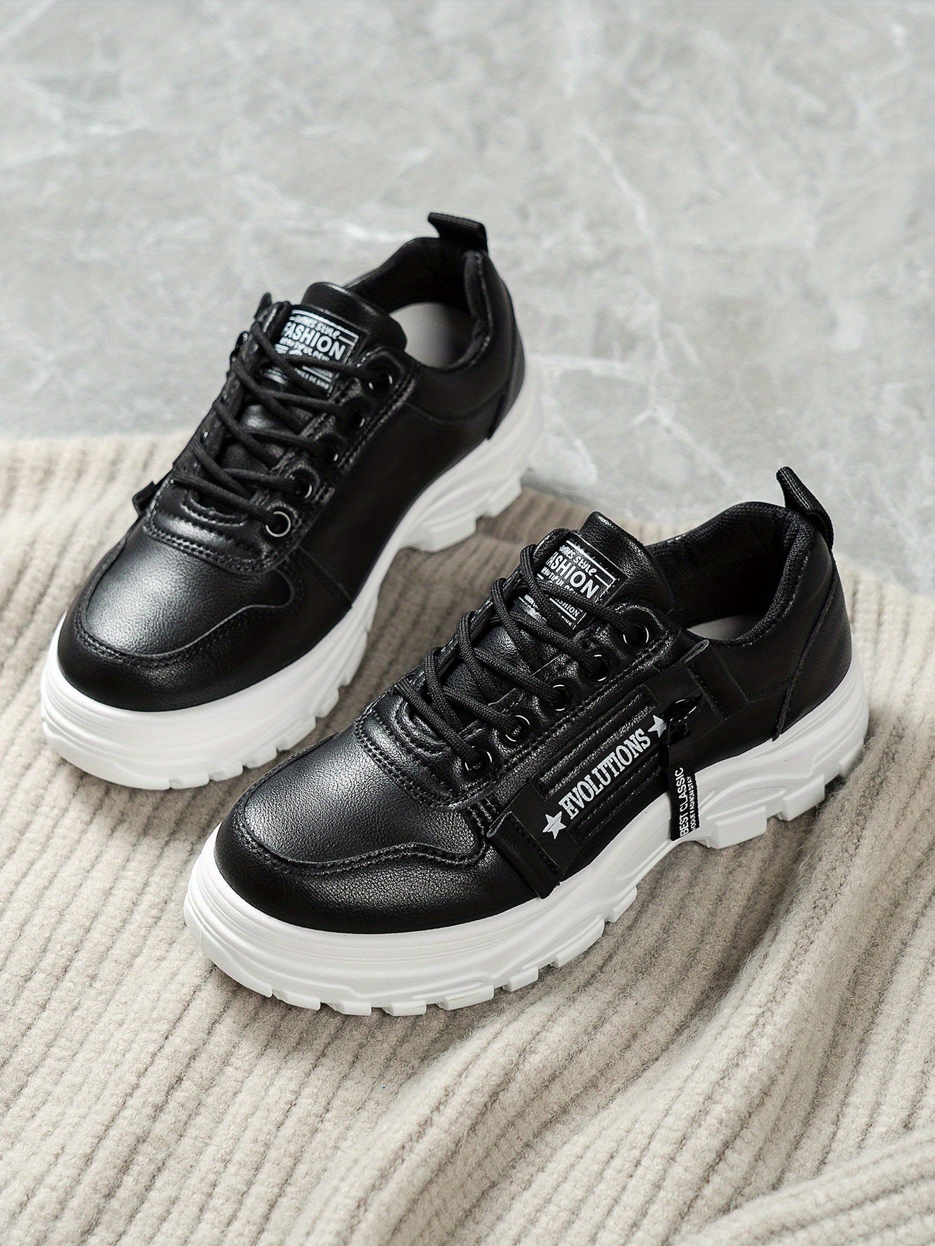 Women'S Breathable Knit Sneakers - Lightweight Thick Sole Casual Walking Shoes in White & Black, Synthetic Cover Upper with Rubber Outsole, Lace-Up Low-Top Design for Indoor/Outdoor, Travel, Beach & Shopping - Cute Gift for M