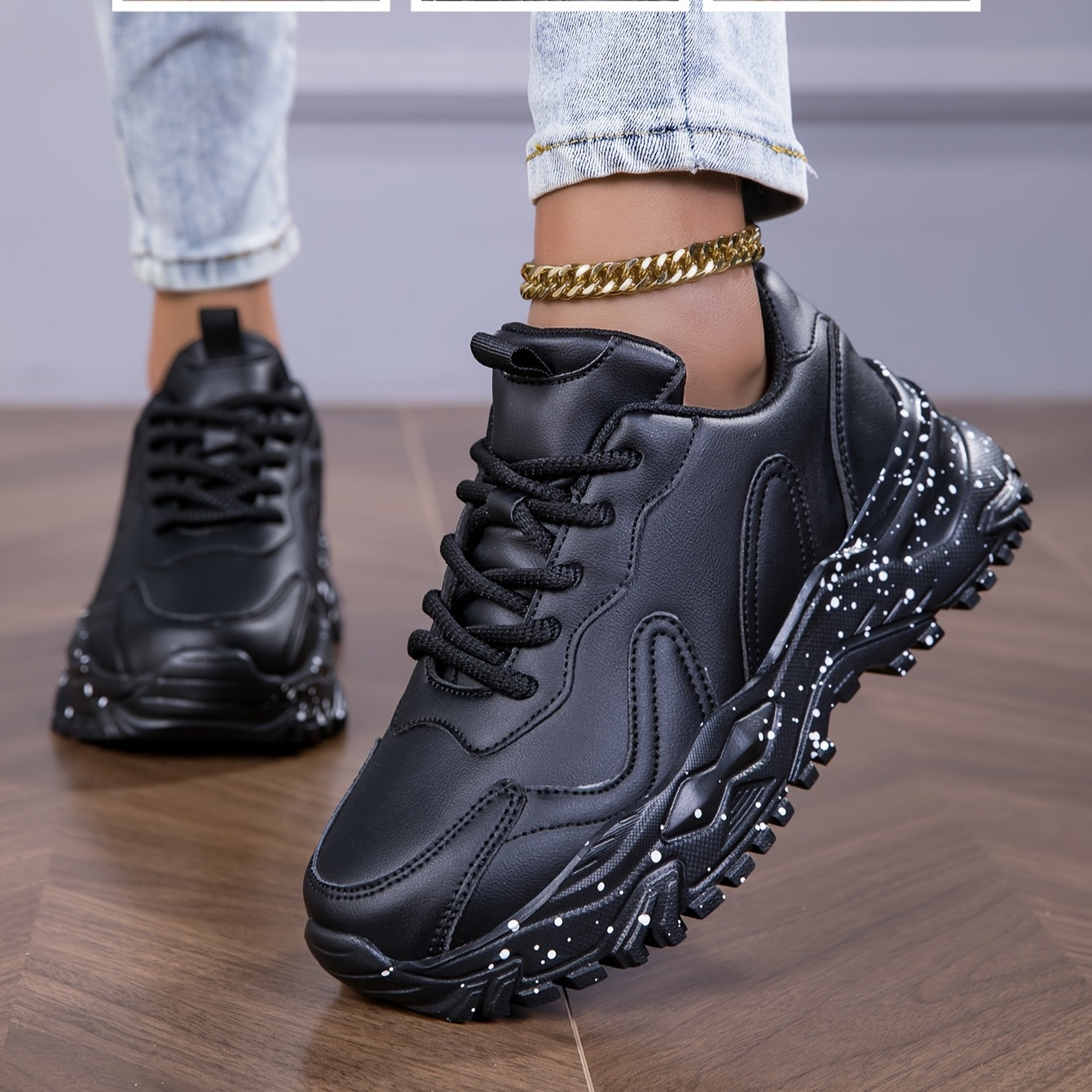 Women's Black Chunky Sneakers - Anti-Slip, Durable Casual Dad Shoes with Glossy Finish & Star Pattern, Lace-Up Low Tops for All Seasons, Allseason Sneakers | Chunky Sole Sneakers | Comfortable Fabric Lining