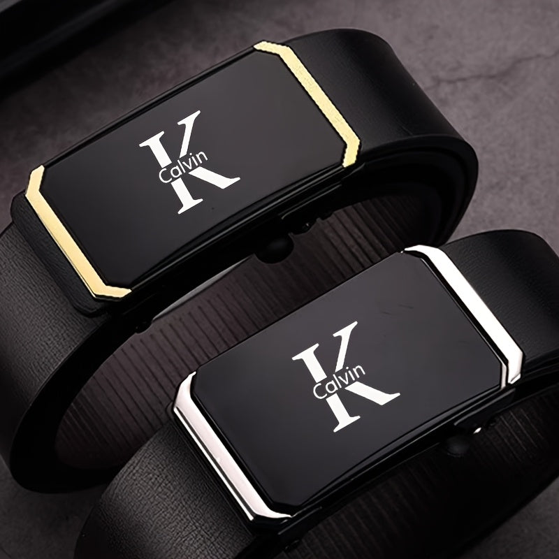 K-Letter Calvin Men'S Automatic Buckle Belt - Adjustable Faux Leather with Golden-Tone Metal Accents, Durable Casual & Formal Accessory for Jeans, Dresses - Ideal Christmas Gift, Belt for Dress, Dress Belt, Modern Belt, Quali