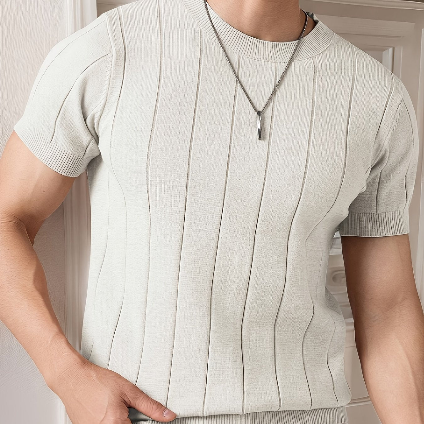 Men's Slim Fit Striped Textured Knit Crew Neck T-Shirt - High Elasticity Short Sleeve Casual Top for Spring/Autumn, Breathable Daily Leisurewear, Spring Fashion, Classic Style, Durable Construction, Pullover Shirt, Stylish Me