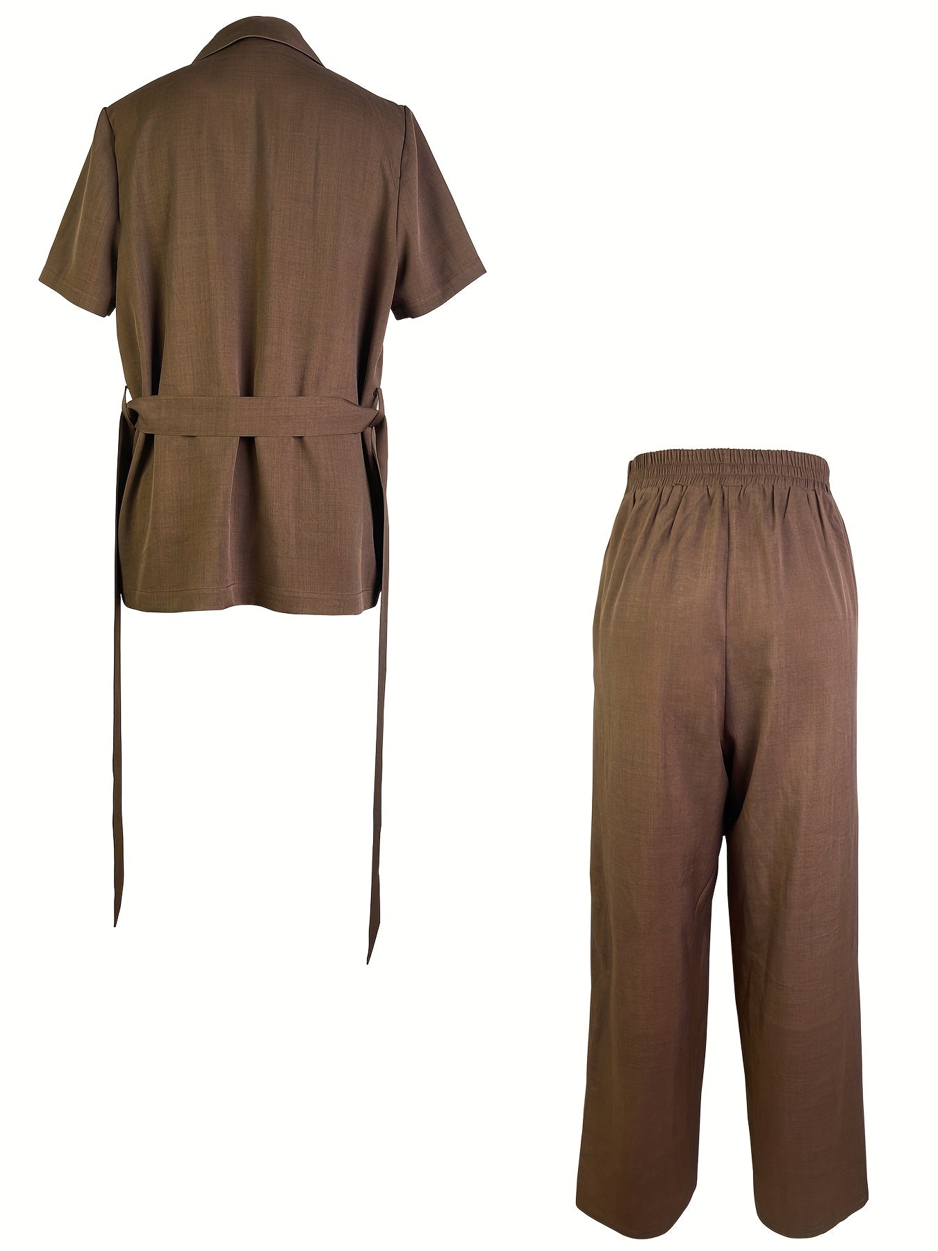 Elegant Women'S Two-Piece Set: Chic Beige Lapel Short-Sleeve Jacket with Ruched Detail & Straight Leg Pants - Polyester, Casual Spring/Summer Outfit, Casual Attire|Ruched Detail Jacket|Polyester Fabric