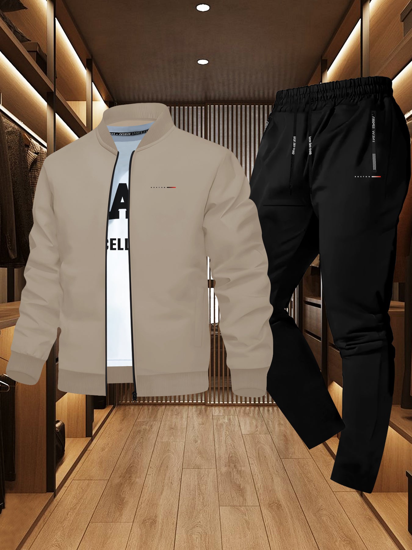 Men'S Trendy Boston Print Jacket and Sweatpants Set - Casual Sporty Outfit with Zipper Detail, Long Sleeves, and Elastic Waistband, Perfect for Fall/Winter