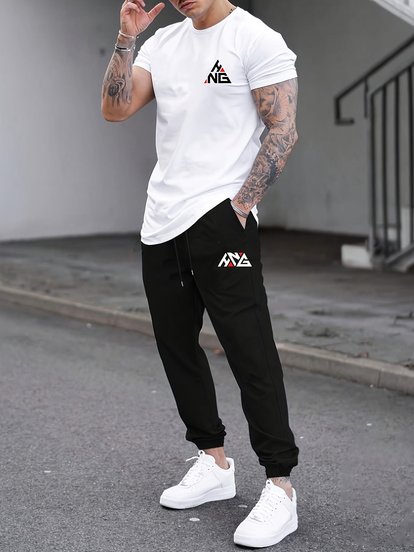 Men's Casual Fashion HNG Letter Print T-Shirt & Drawstring Joggers Set - Polyester Blend, Stretchy, Summer Wear