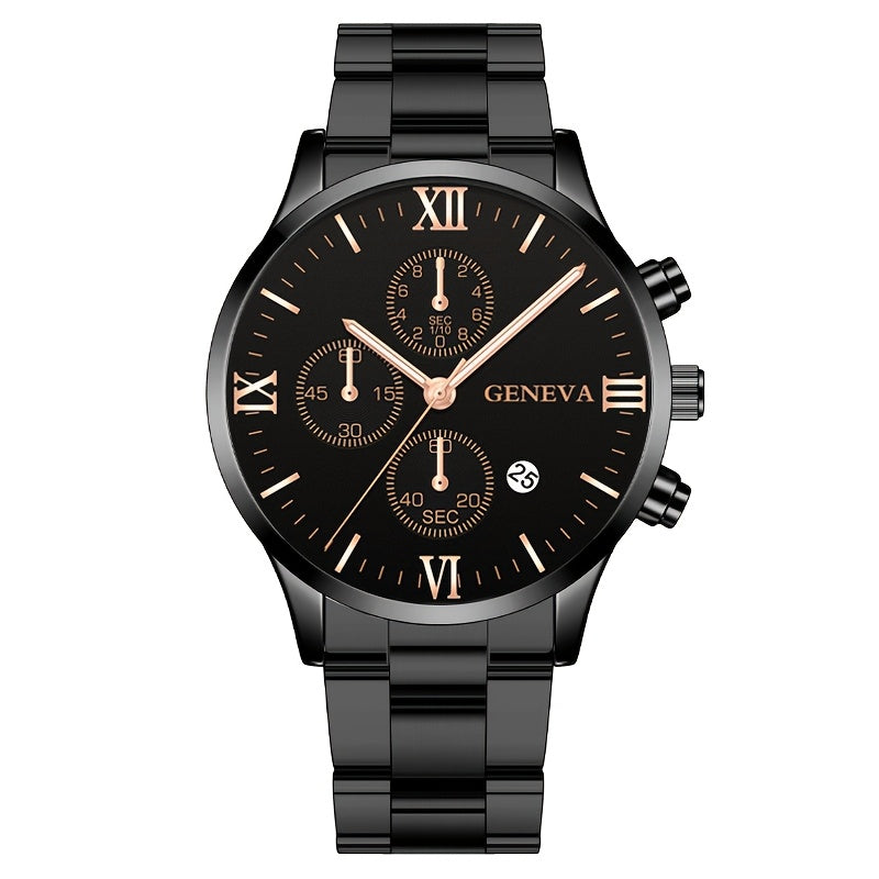 1pc Men's Stylish Black Quartz Watch with Stainless Steel Band - Elegant Roman Numerals, Date Display, and Golden Accents - Perfect Gift for Christmas, Thanksgiving, Valentine's Day - Ideal for Him or Family, Date Feature Wat