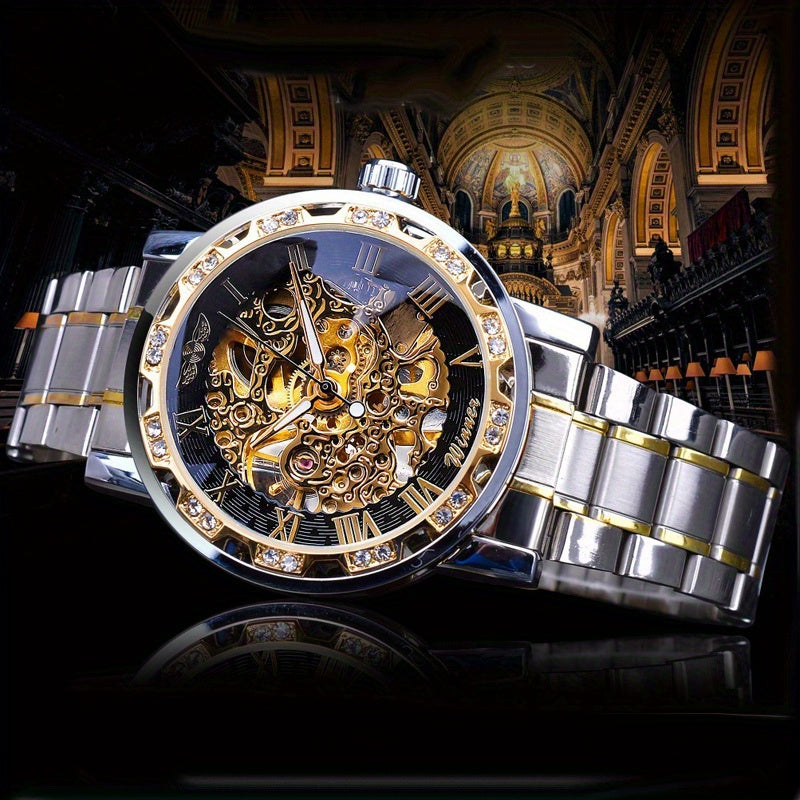 Fashion Classic Roma Watch Men Luxury Golden Skeleton Mechanical Hand Watches Casual Business Wristwatches Men Blue & Golden Accents, Casual Yet Versatile, Best Seller, Ideal Gift, Mechanical Movement, Watch Accessories, With