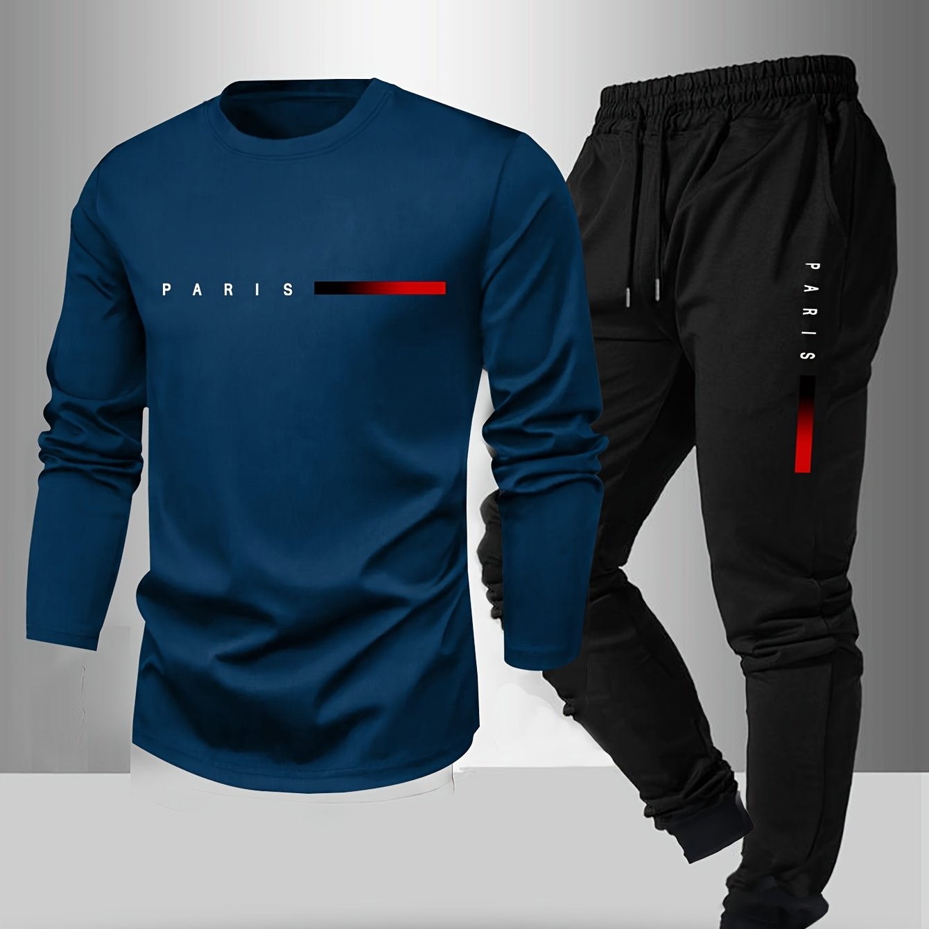 Men's Long Sleeve T-shirt and Pants Set, Spring/Autumn 2pcs set with Paris letter print round neck long sleeve T-shirt + drawstring outdoor casual sports pants set of 2