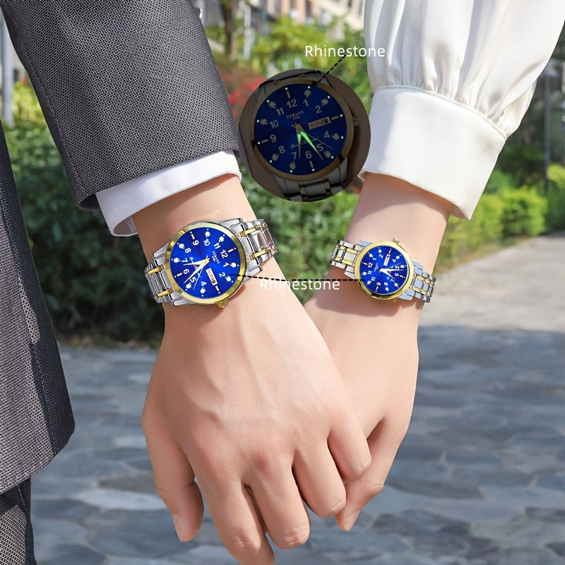 Two Stylish Digital Round Dial Couple'S Quartz Watches - IPX7 Waterproof, Luminous, Dual Calendar, Date and Day/Week Display, Alloy Strap Business Watches, Suitable for Women and Men, Valentine'S Day Gift Wristwatches