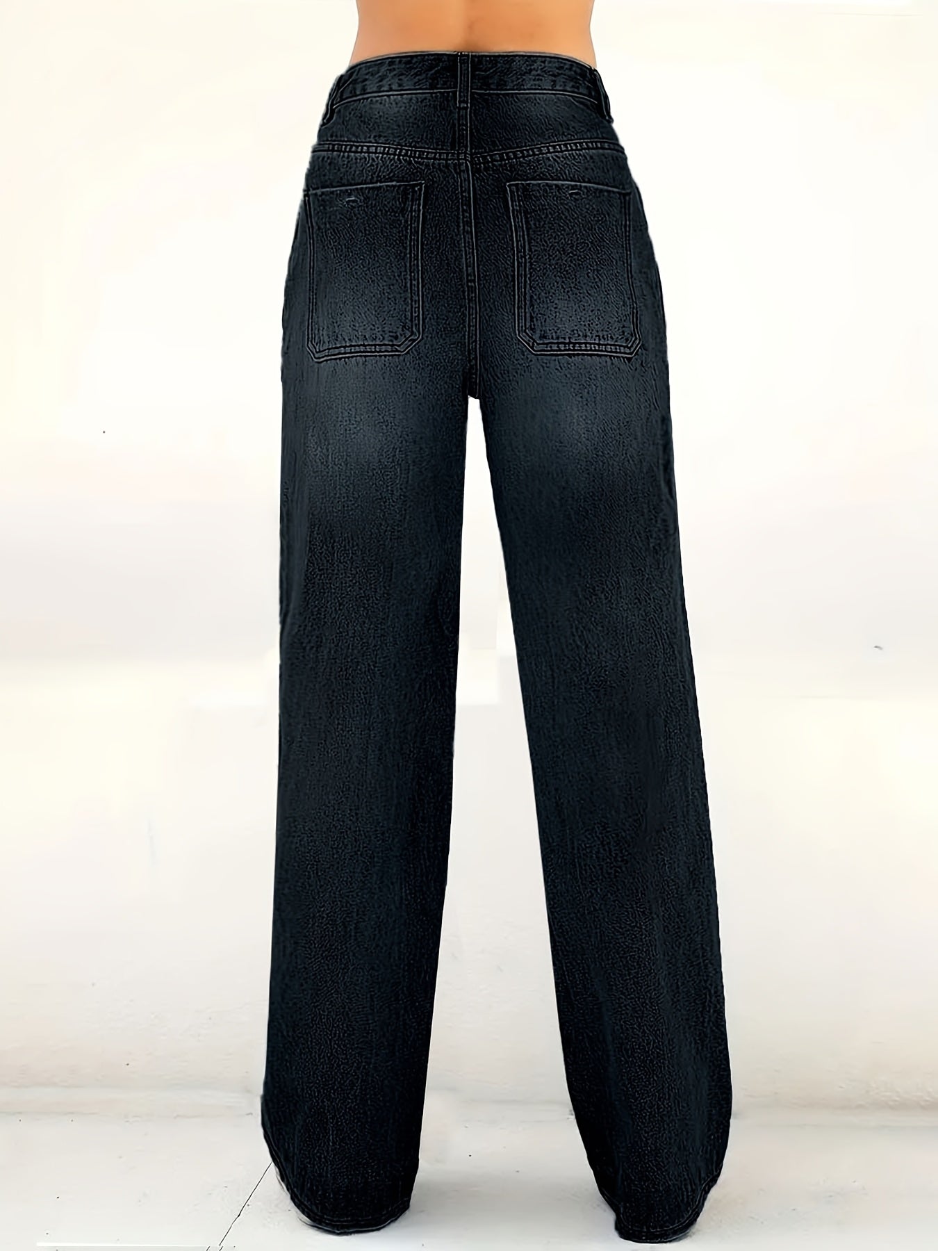 Women'S Elastic Mid -Waist Straight Jeans, Loose And Stylish Wide -Leg Casual Pants, Multi -Pocket Black Water Washing Jeans, Comfortable Version, Four Seasons Can Be Worn
