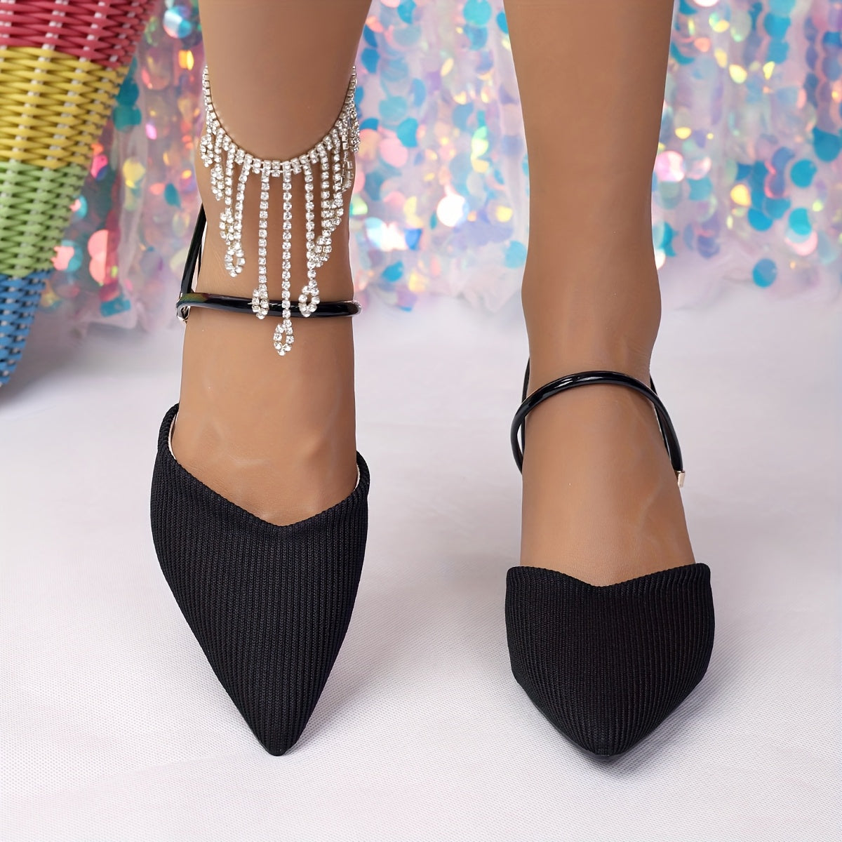 Women'S Elegant Black Pointed-Toe High Heel Sandals with Adjustable Ankle Strap - Slip-On Flared Block Heel, Synthetic Fabric Upper & Rubber Sole, Versatile for Casual or Formal Occasions, Durable Fashionable Party Shoes, Hig