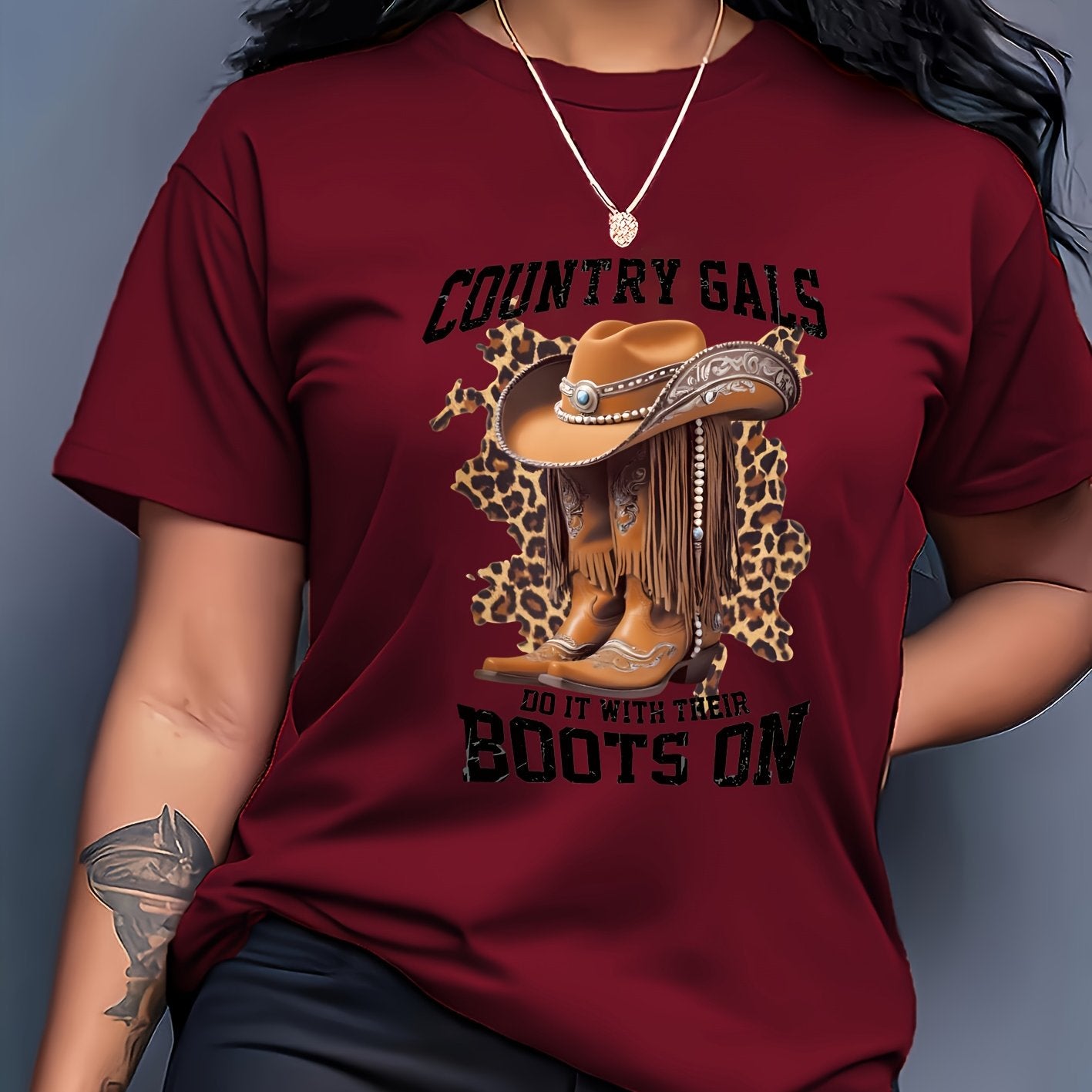 Women's Casual Short Sleeve T-Shirt with Cartoon Cowboy Boots & Leopard Print Graphic, "Country Gals Do It with Their Boots On" Slogan, Vibrant Orange Round Neck Tee, Machine Washable Regular Fit, Allseason Top, Semitranspare
