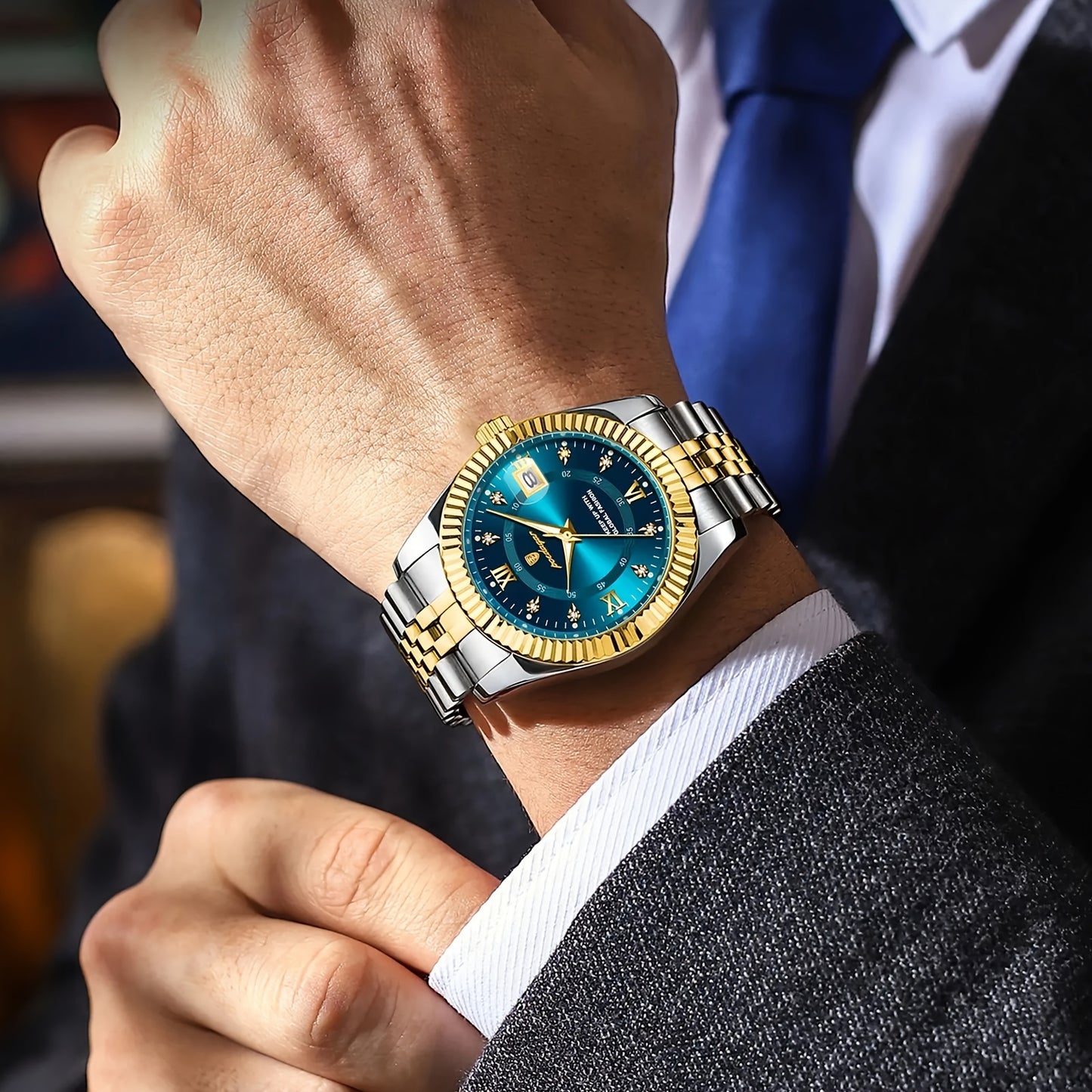 POEDAGAR Luxury Men'S Quartz Watch - Waterproof, Luminous, Stainless Steel Band, Blue & Golden Accents, Date & Week Display, Casual Elegant Timepiece with Backpack Clasp