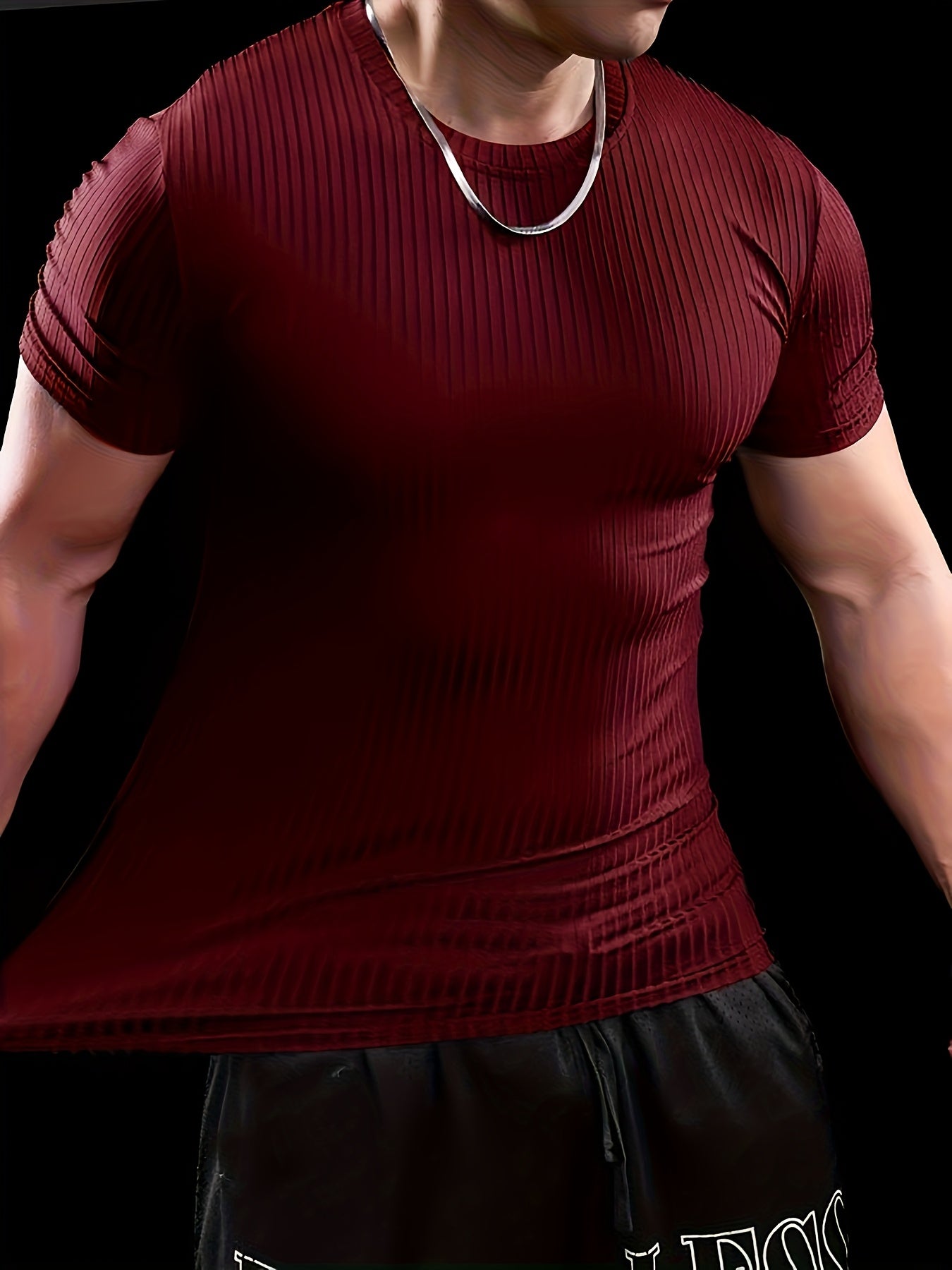 Men's Slim Fit Ribbed Short Sleeve T-Shirt - Stretchy Athletic & Casual Wear, Green, Round Neck, Machine Washable, Muscle-Enhancing Design, Gym Shirts