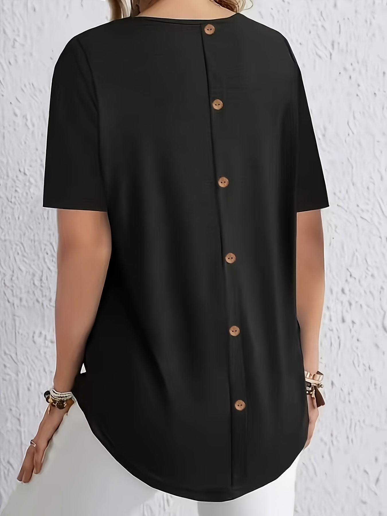 Women's Elegant Solid Color Short Sleeve T-Shirt with Back Button Detail - Loose Fit Casual Spring/Summer Top, Machine Washable, Polyester Blend, Maroon, Spring Fashion Wear | Solid Color Blouse | Glossy Fabric, Ladies T Shir