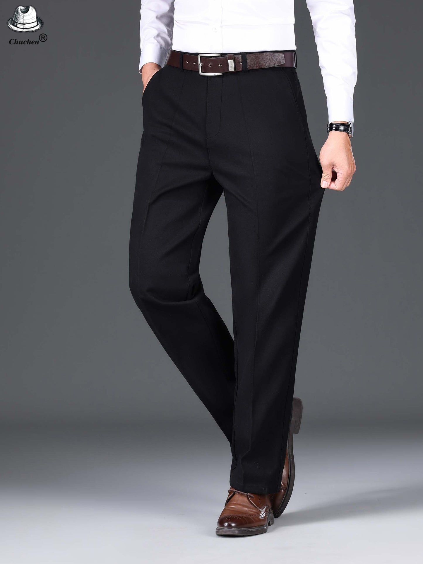1pc Classic Fit Men'S Dress Pants - 100% Cotton, Solid Color, Non-Stretch, Regular Length, for Autumn/Winter - Business Casual Style