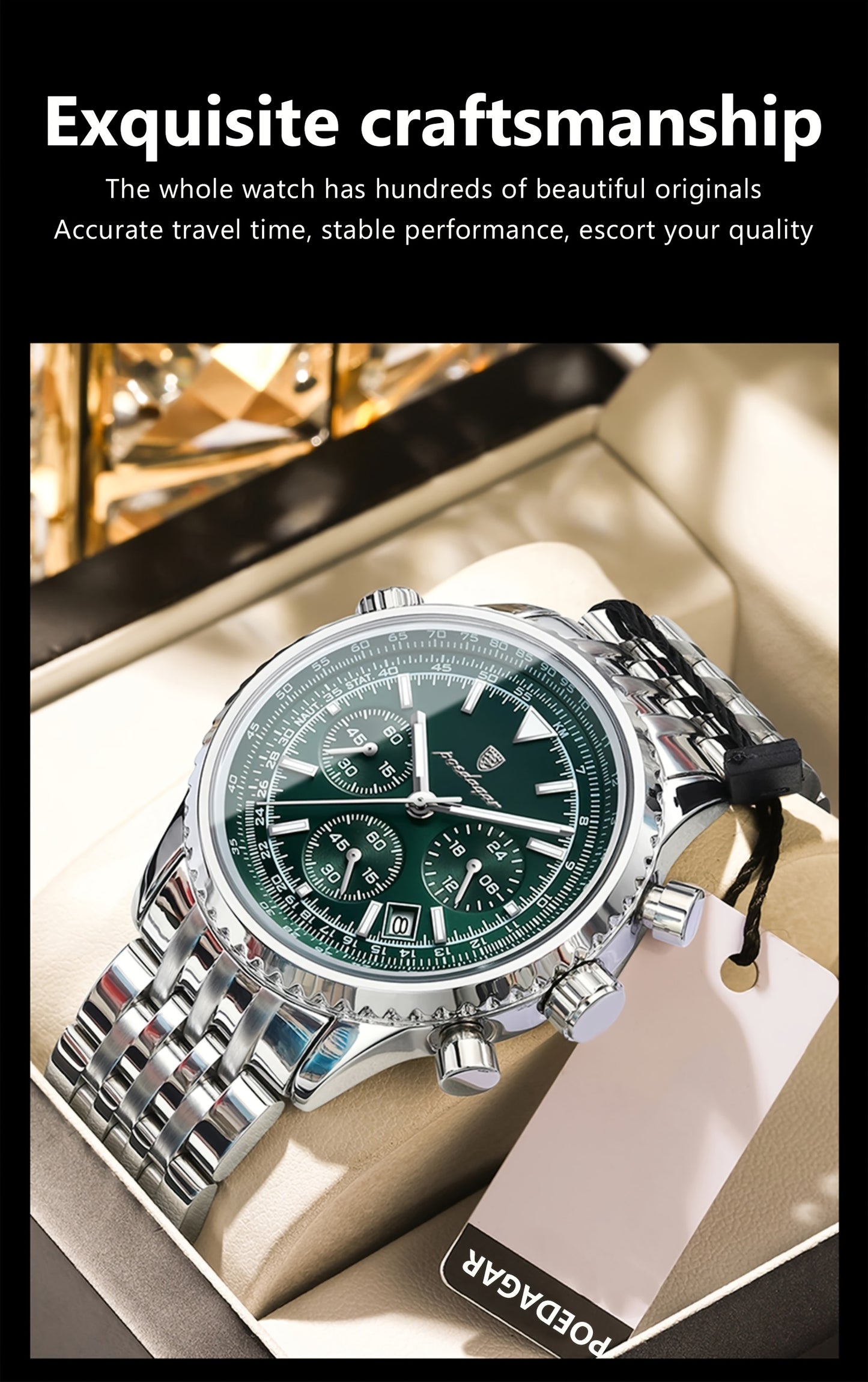 POEDAGAR Luxury Men's Quartz Watch -, Luminous Chronograph with Date Function, Stainless Steel Band & Zinc Alloy Case