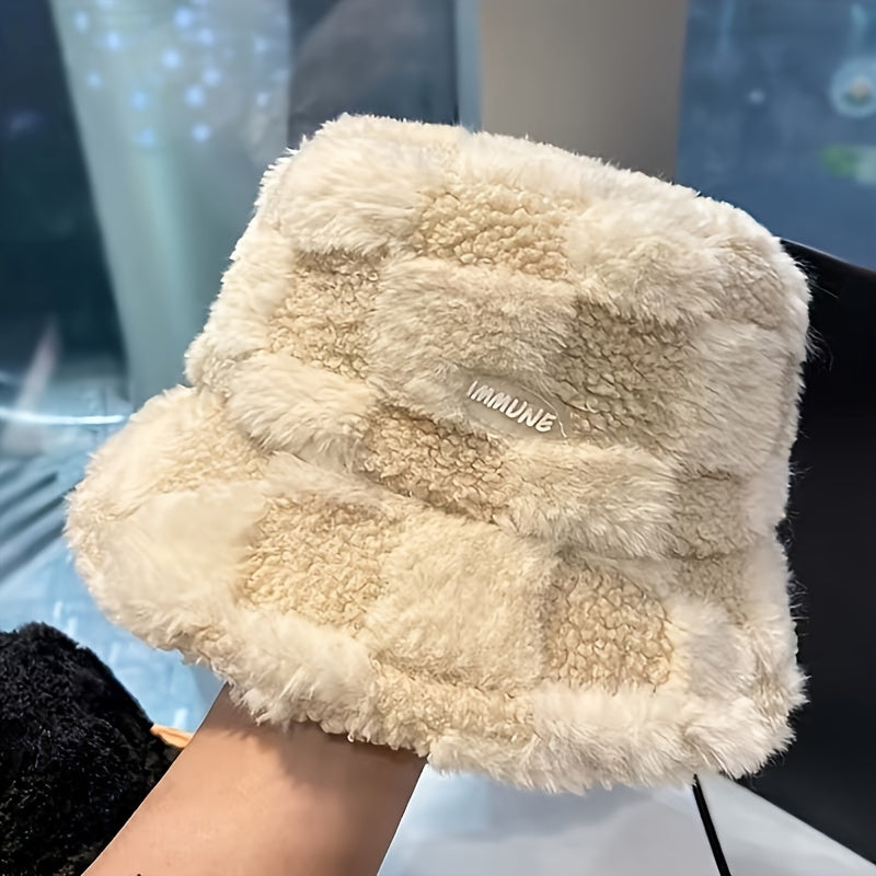 1pc Fashionable Unisex Winter Warmth Bucket Hat, Thickened Plush Polyester Fiber, Knitted Elastic Fabric, Cozy Plaid Fisherman Cap with Lettering