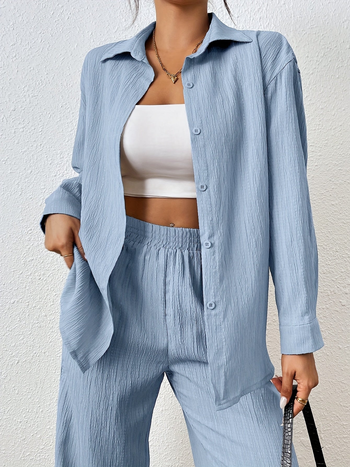 2pcs Women Spring & Autumn Casual Solid Color Long Sleeve Shirt And Pants Set