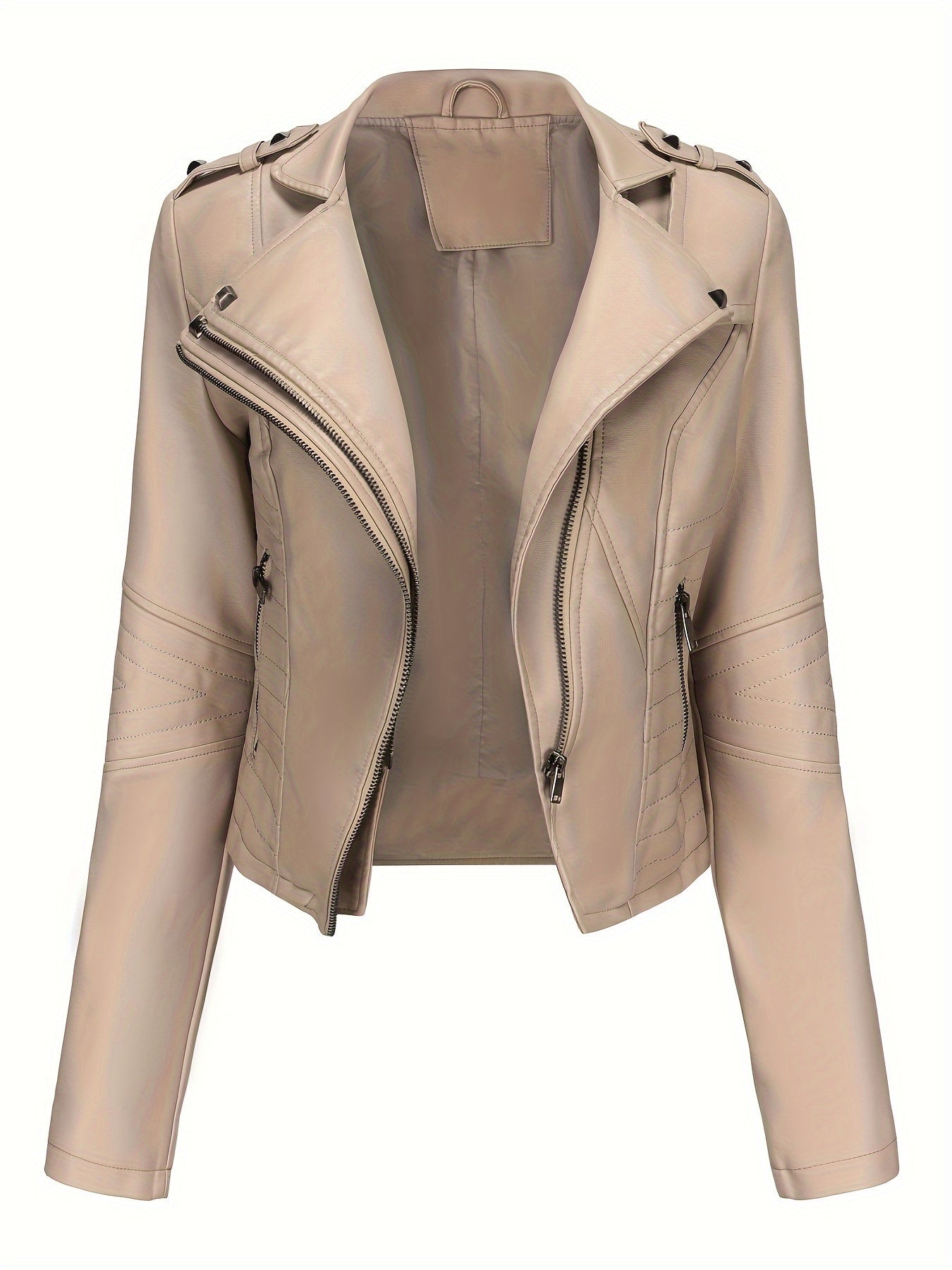 Women'S Casual Faux Leather Jacket, Solid Color, Long Sleeve, Regular Length, Fall/Winter, Zipper Placket, Woven, Non-Stretch Fabric, 100% Polyurethane, Lapel Collar, Dipped Hem Detail