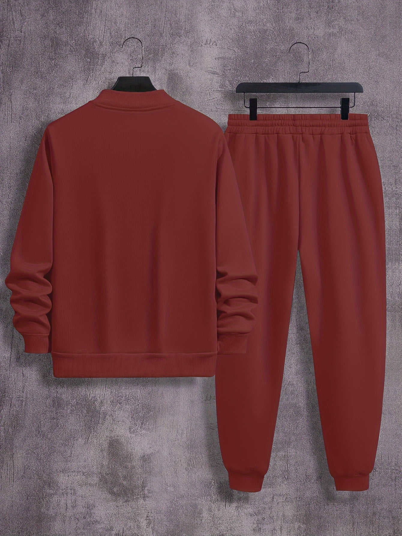 Men'S Casual Polyester Sweatsuit Set with Baseball Collar and Slight Stretch - Solid Color Long Sleeve Knit Fabric Track Suit for Fall/Winter