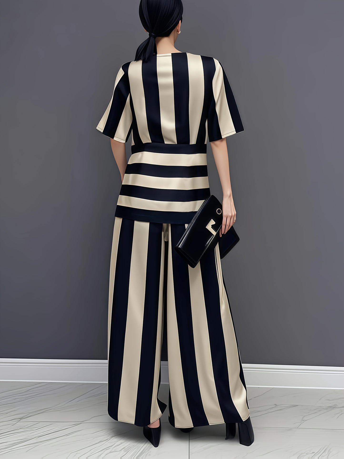 Artistic Irregular Stripe Loose Round Neck Pullover Top with Flared Pants Women's Set