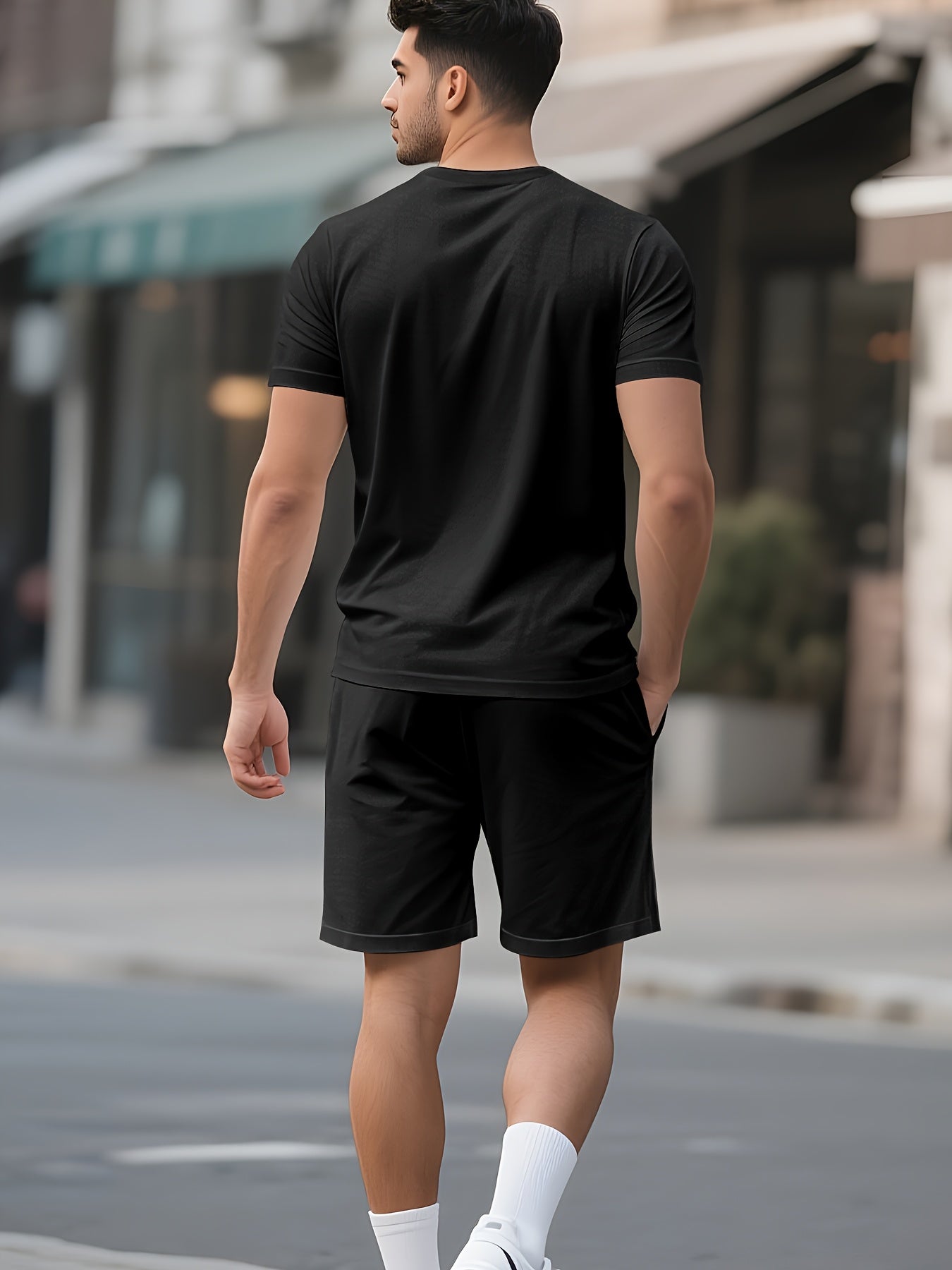 Men'S Casual Summer Two-Piece Athletic Wear Set - Light Blue T-Shirt with Green & White Stripes, Matching Shorts, Perfect for Daily Leisure, Vacation, and Sports, Casual Sportswear | Relaxed Fit Shorts | Stretchable Fabric