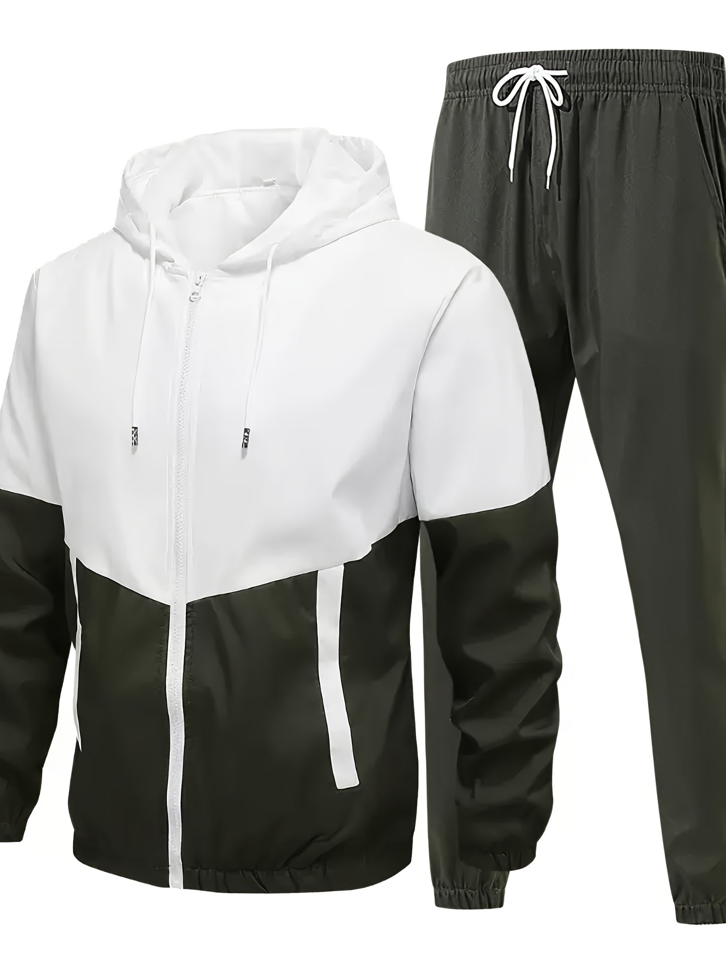 Men's Spring Autumn Outdoor Sports Training Casual Color Block Stitched Hoodie Adjustable Set Home Top and Pants Fashionable Windproof Jacket Pants Two-Piece Suit