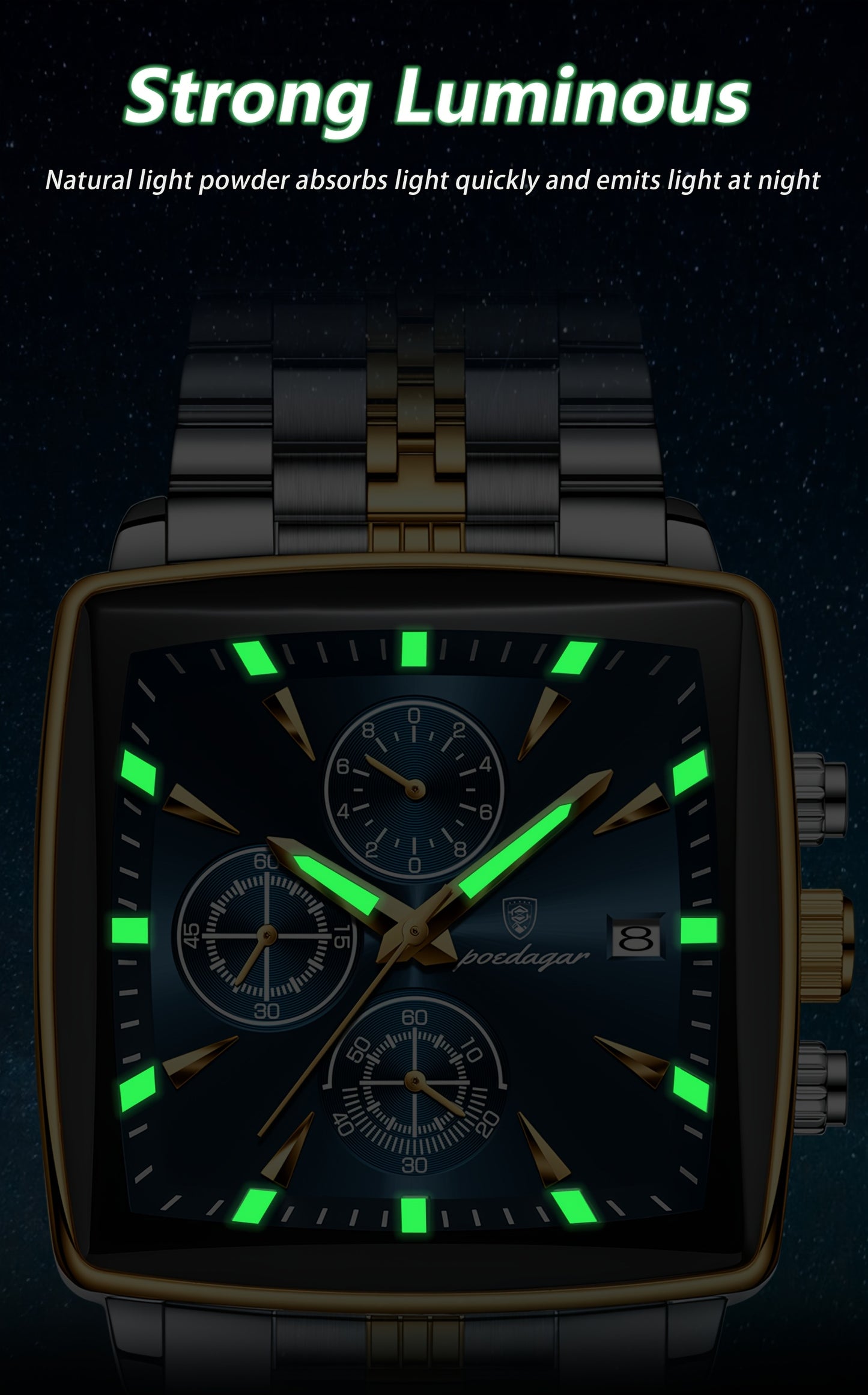 POEDAGAR Men's Stainless Steel Luminous Watch - Blue Dial Chronograph, High Quality Quartz Movement with Date Calendar, Golden-Tone Accents for Business Casual & Casual Attire, Formal Accessory, Stylish Accessory, Refined Cra
