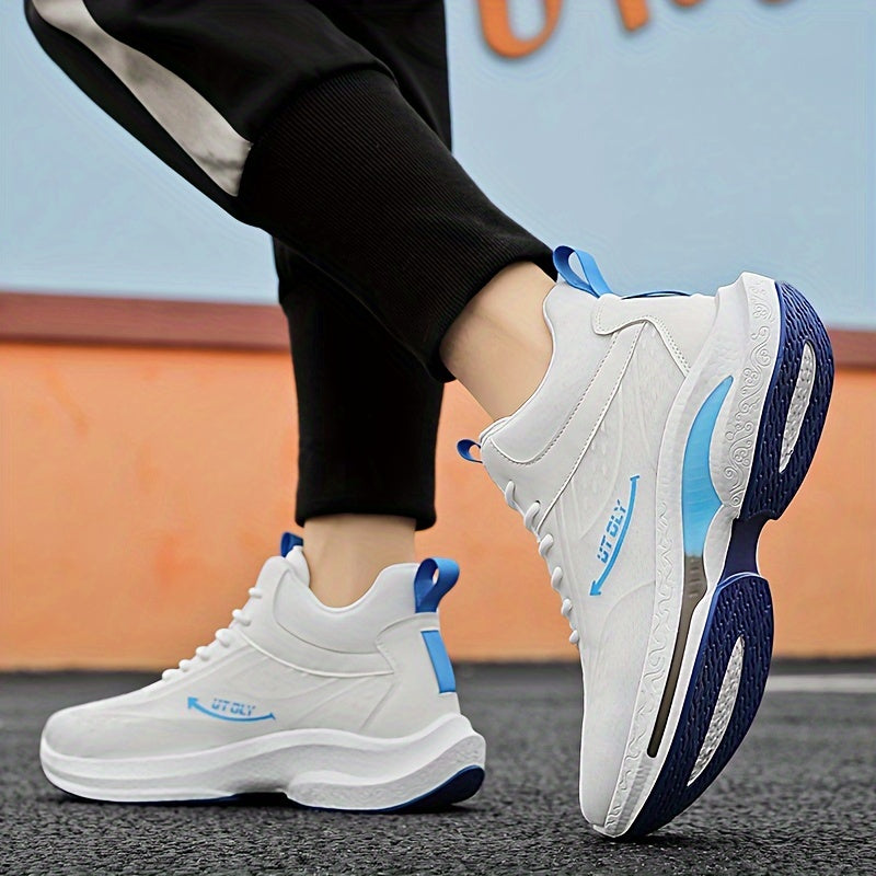Men'S High-Top Lace-Up Athletic Sneakers - Breathable Fabric, PVC Sole, EVA Insole, Stylish Blue & White Design for Casual and Outdoor Activities, Everyday Sneakers | Sporty Casual Shoes | Durable PVC Sole