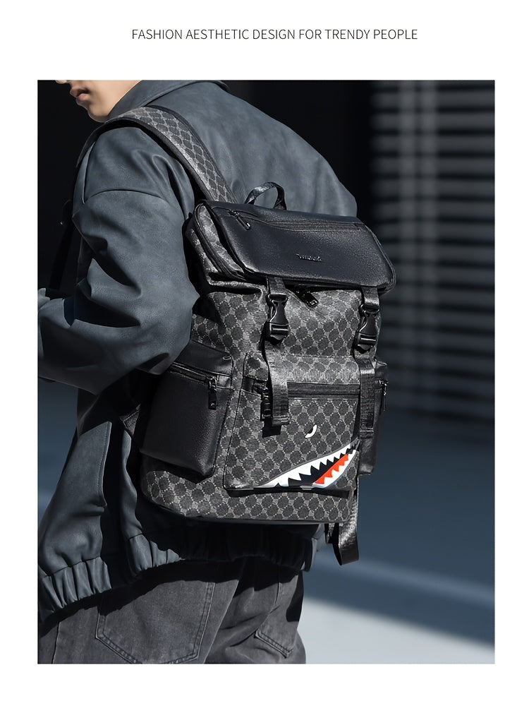 Men'S Stylish Black Backpack with Shark Graphic - Lightweight, Large Capacity, Multi-Functional Shoulder Bag for Travel, Commuting, School - Durable PVC Material, Sports & Fitness Design, Backpack for Travel